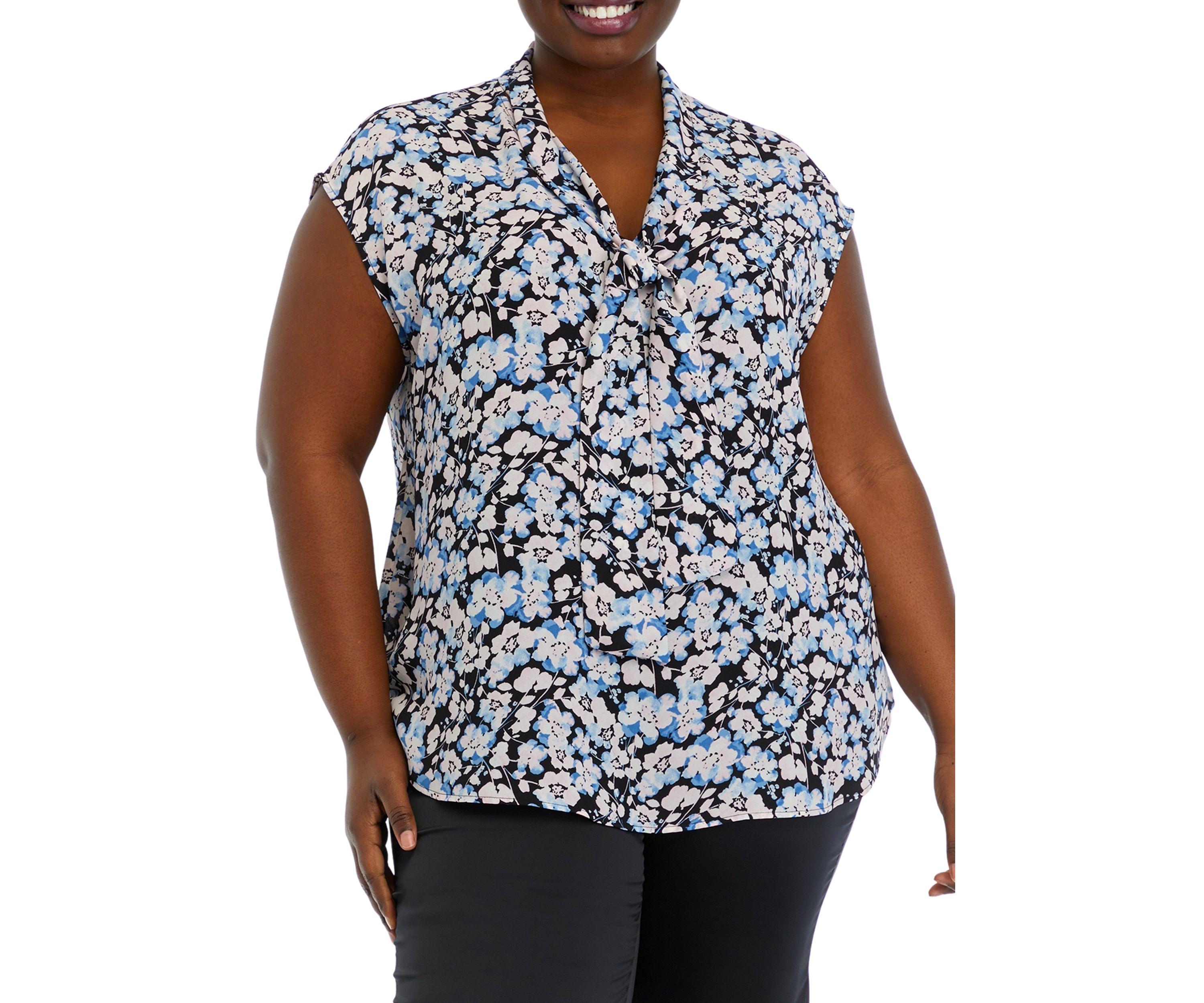 Plus Size Floral Print Short Sleeve Bow Blouse