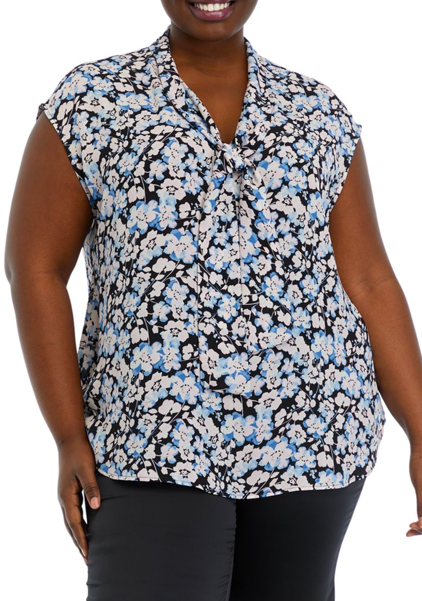 Plus Size Floral Print Short Sleeve Bow Blouse