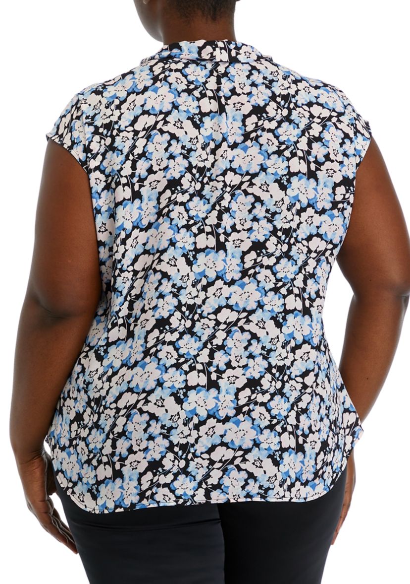 Plus Size Floral Print Short Sleeve Bow Blouse