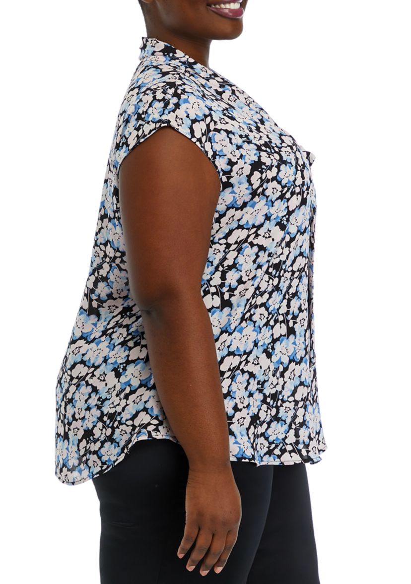 Plus Size Floral Print Short Sleeve Bow Blouse
