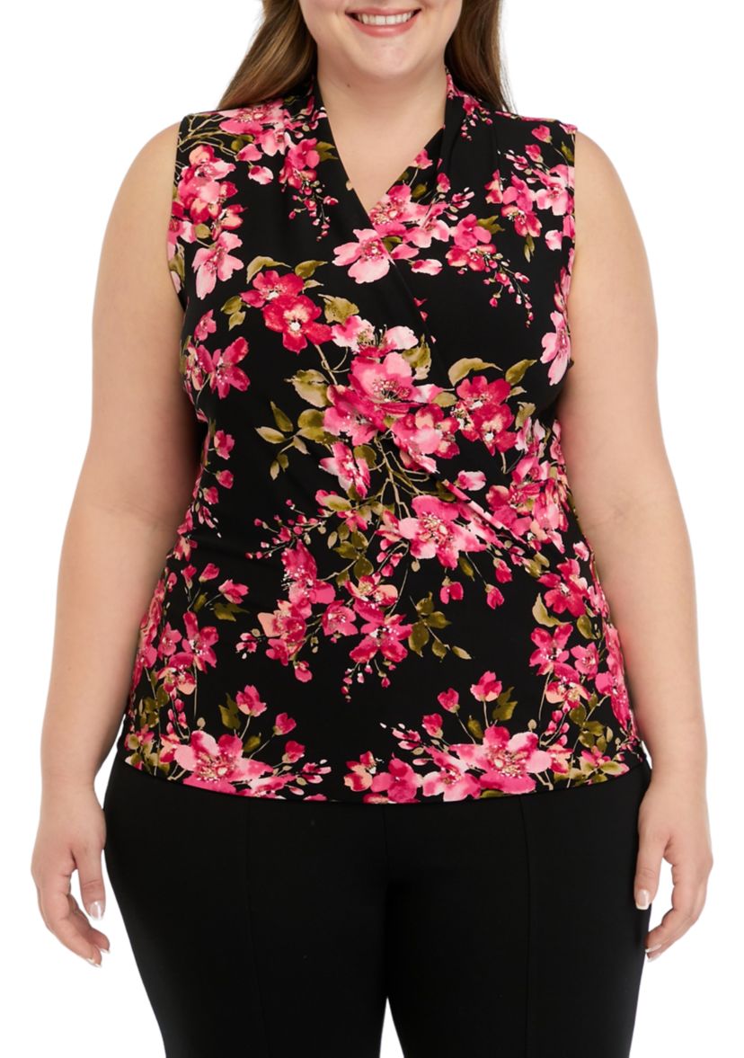 Plus Size Floral Print Sleeveless Wrap Top