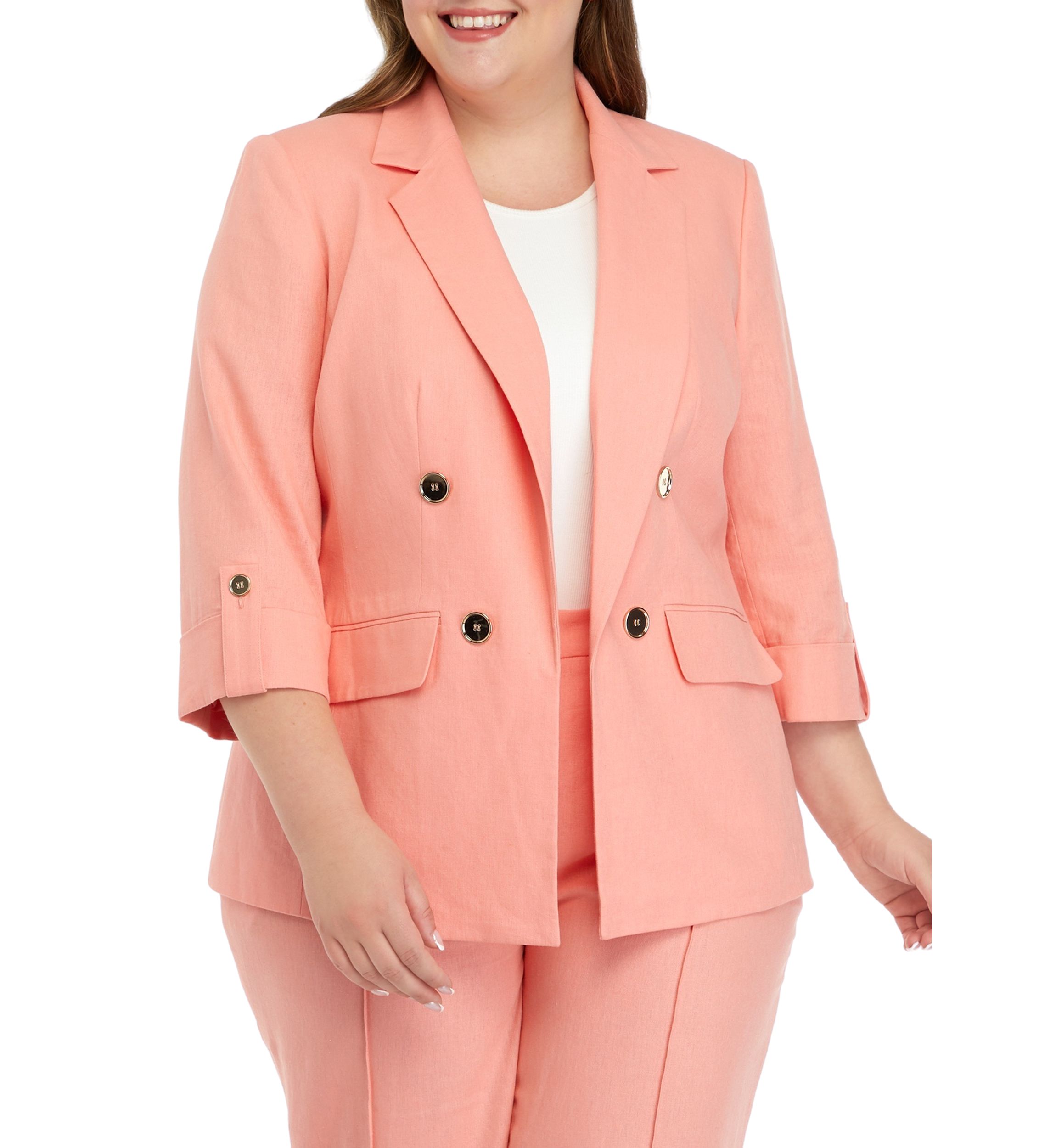Plus Size Linen Faux Double Breasted Jacket
