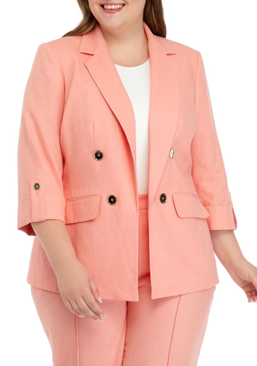 Plus Size Linen Faux Double Breasted Jacket