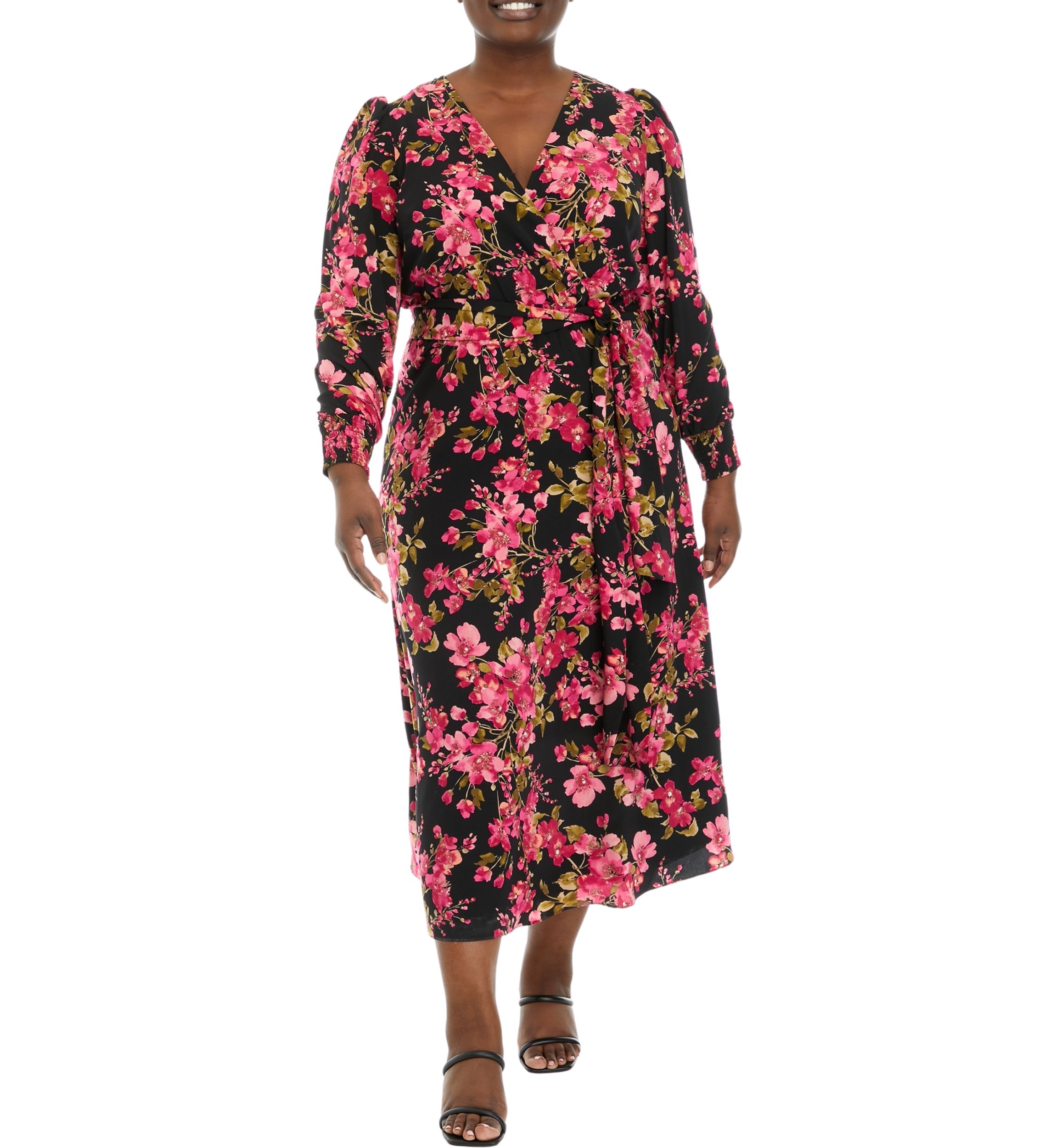 Plus Size Floral Print Long Sleeve Surplice Dress