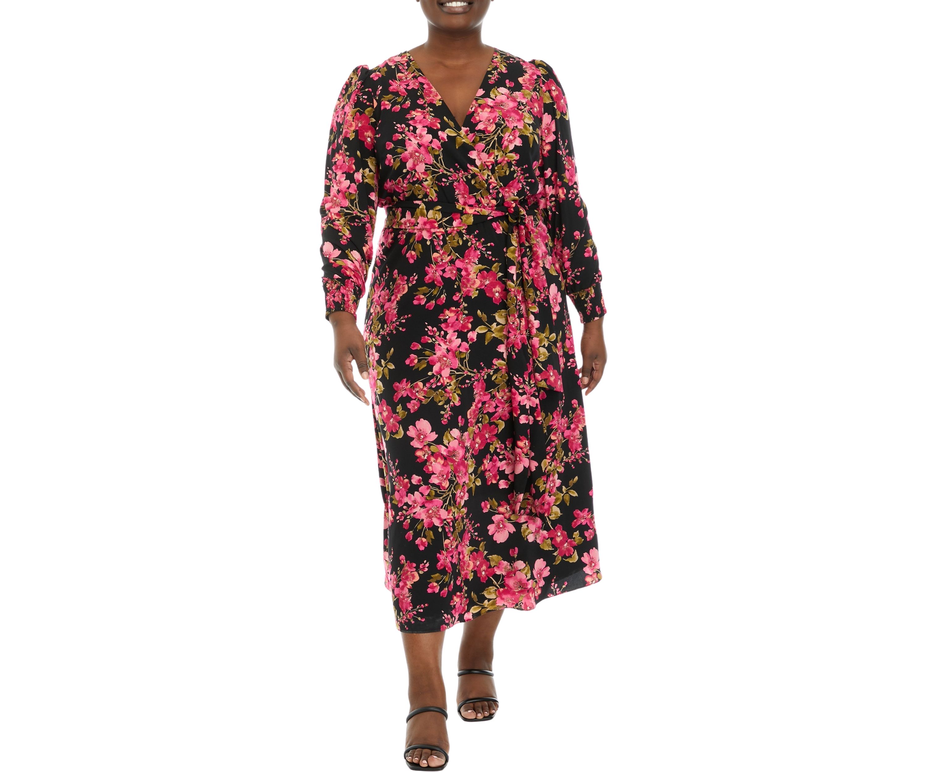 Plus Size Floral Print Long Sleeve Surplice Dress