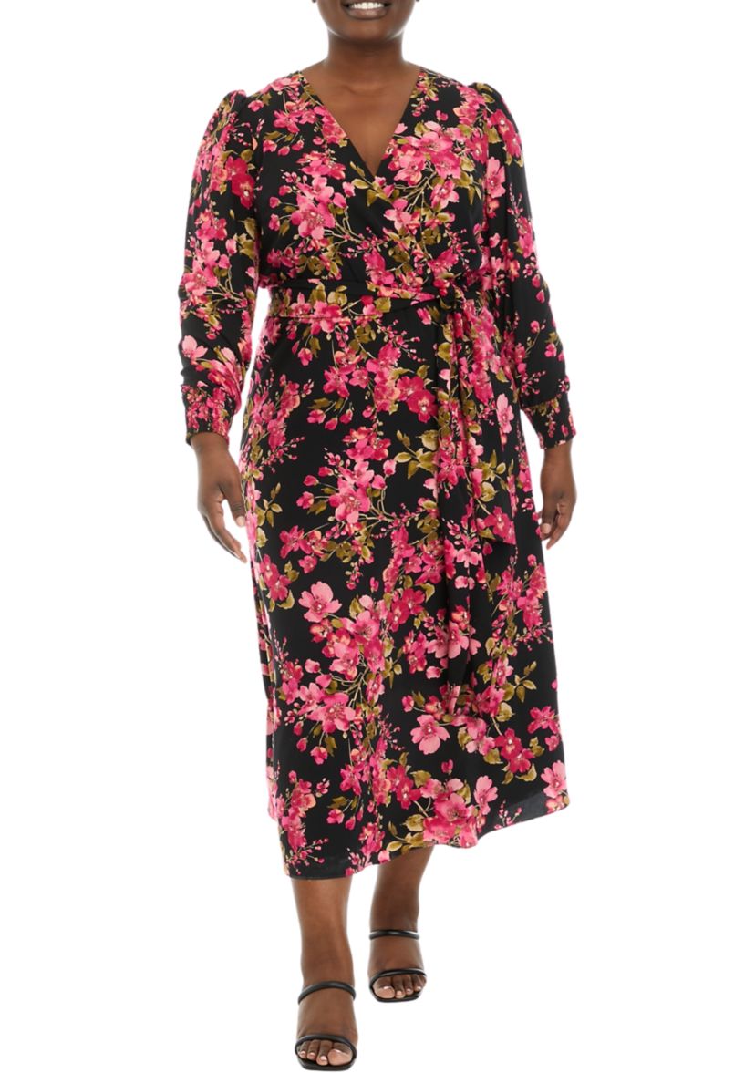 Plus Size Floral Print Long Sleeve Surplice Dress