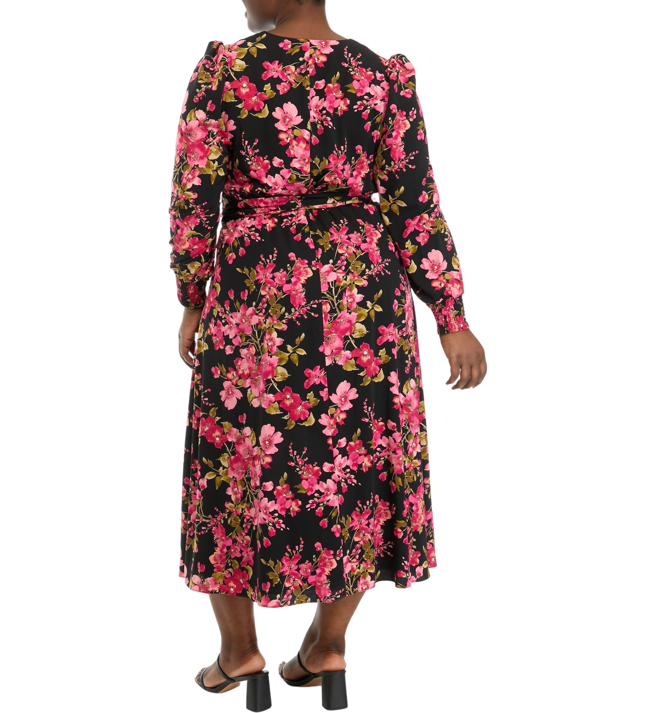 Plus Size Floral Print Long Sleeve Surplice Dress