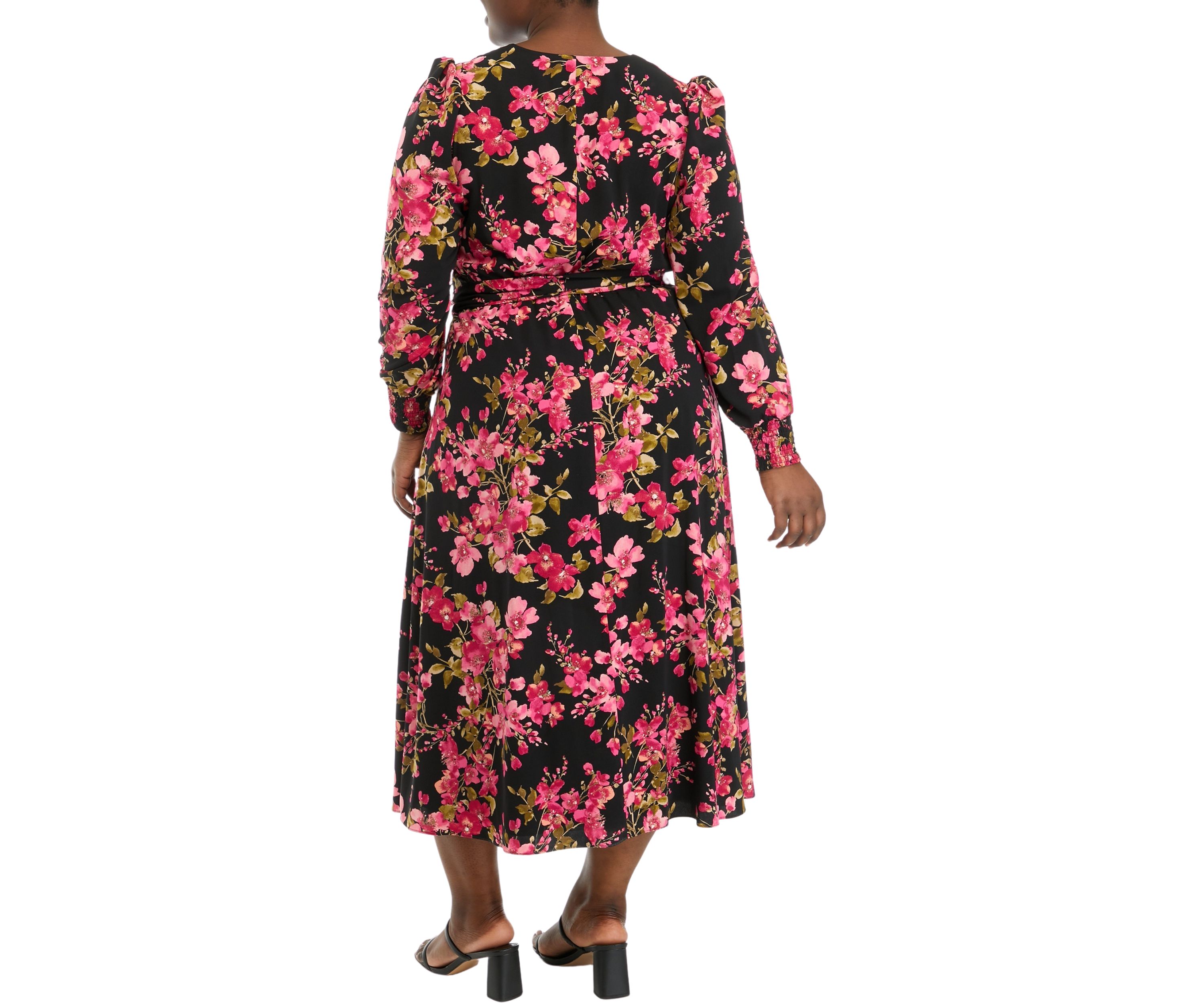 Plus Size Floral Print Long Sleeve Surplice Dress