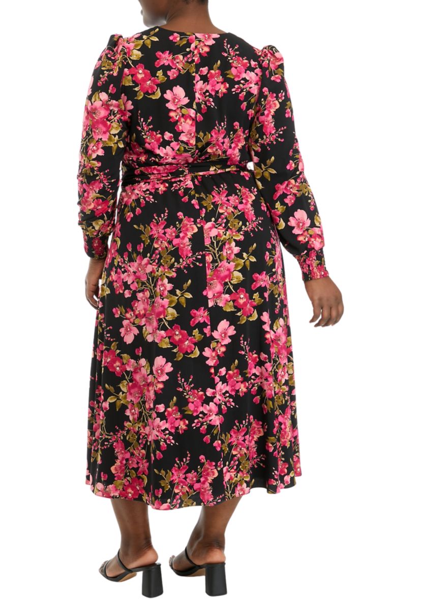 Plus Size Floral Print Long Sleeve Surplice Dress