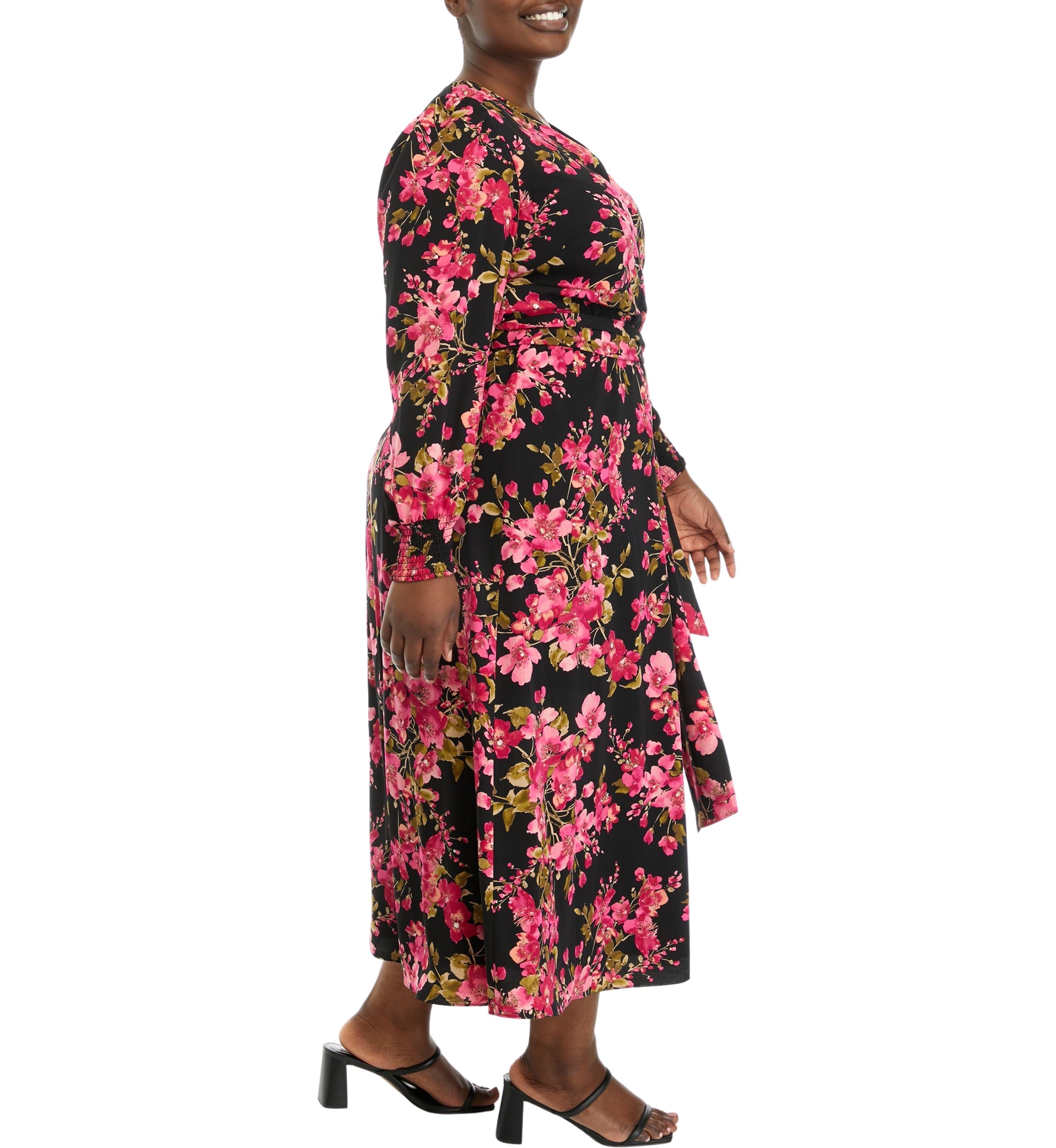 Plus Size Floral Print Long Sleeve Surplice Dress