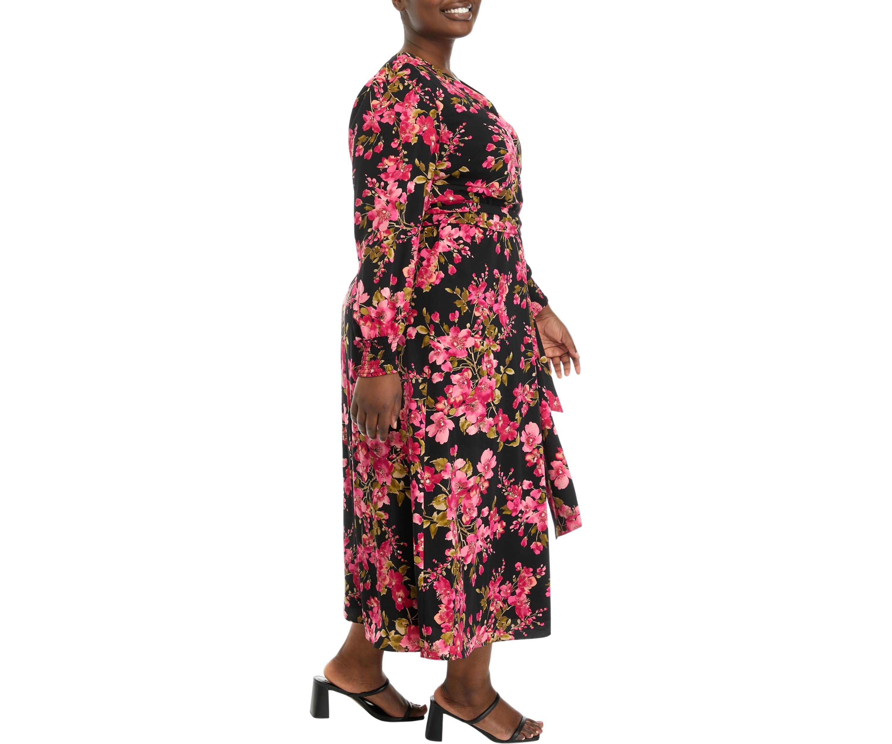 Plus Size Floral Print Long Sleeve Surplice Dress