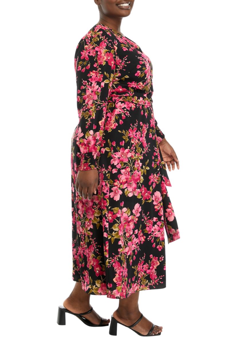 Plus Size Floral Print Long Sleeve Surplice Dress