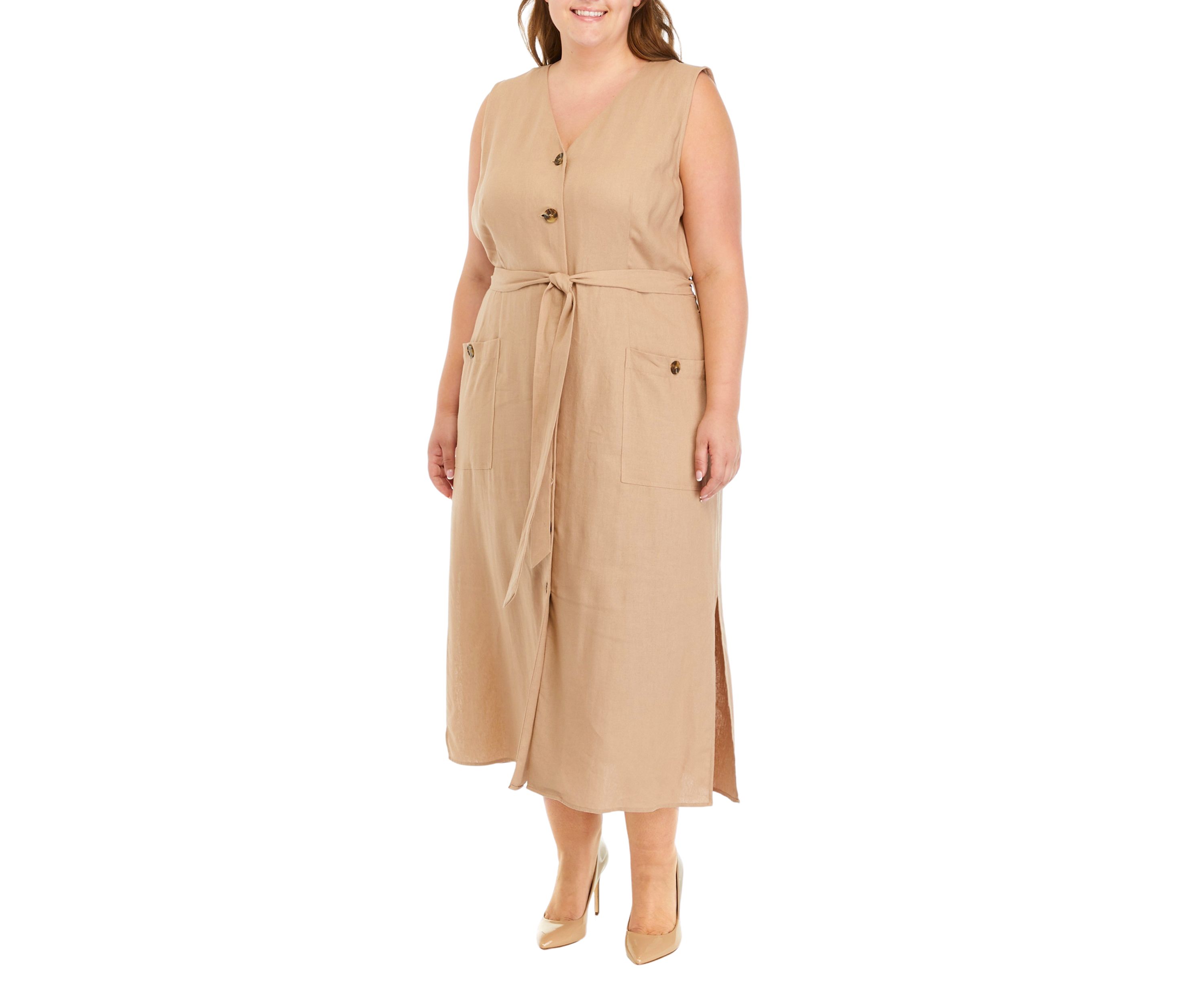 Plus Size Linen Button Front Belted Dress