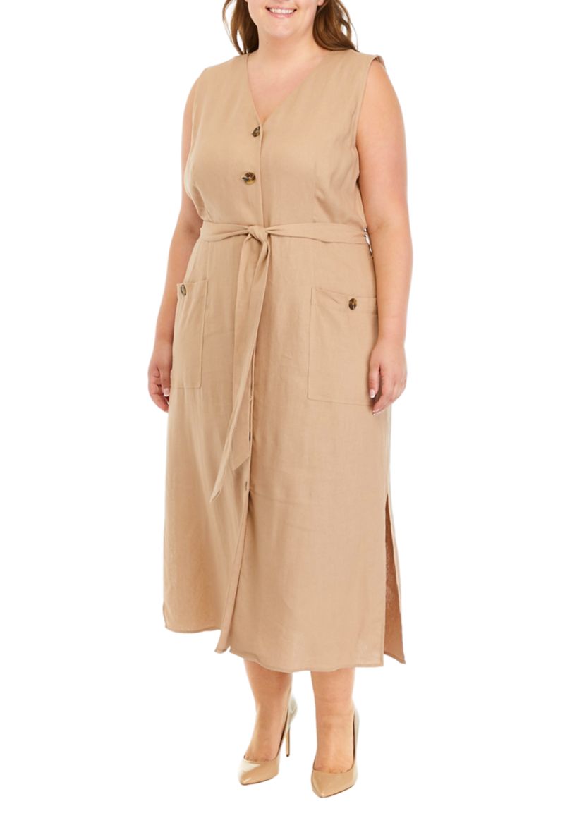 Plus Size Linen Button Front Belted Dress