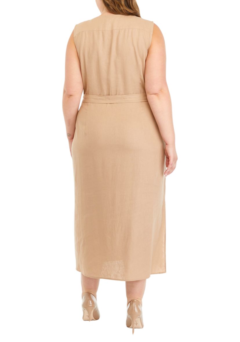 Plus Size Linen Button Front Belted Dress