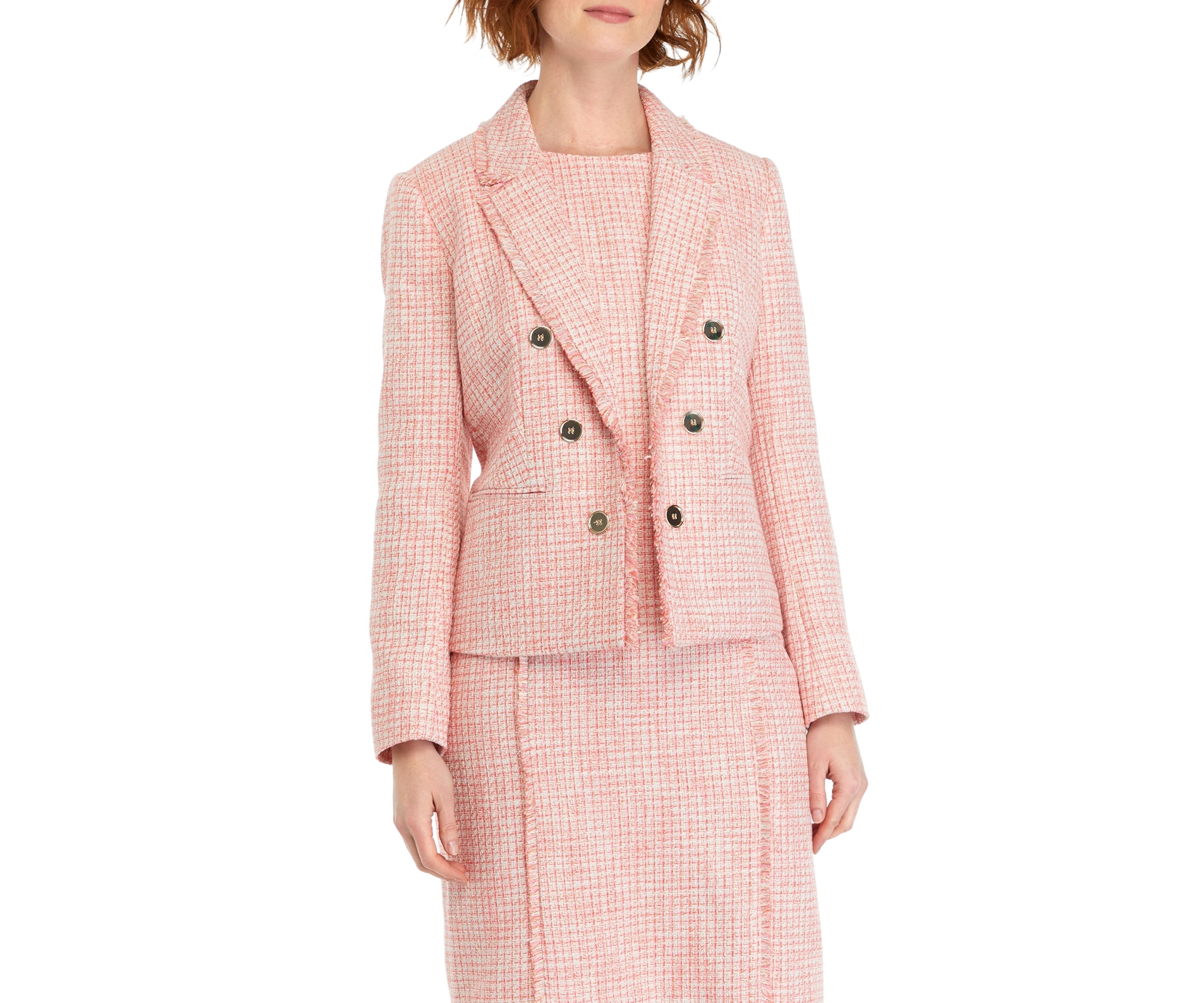 Womens Tweed Faux Double Breasted Jacket with Fringe