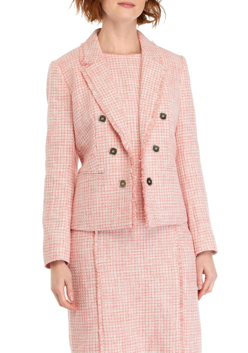 Womens Tweed Faux Double Breasted Jacket with Fringe