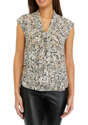 THE LIMITED Women's Snake Printed Short Cap Sleeve Bow Blouse, Small