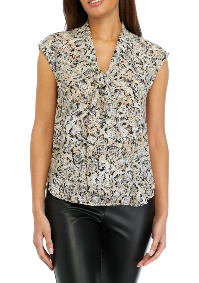 Womens Snake Printed Short Cap Sleeve Bow Blouse