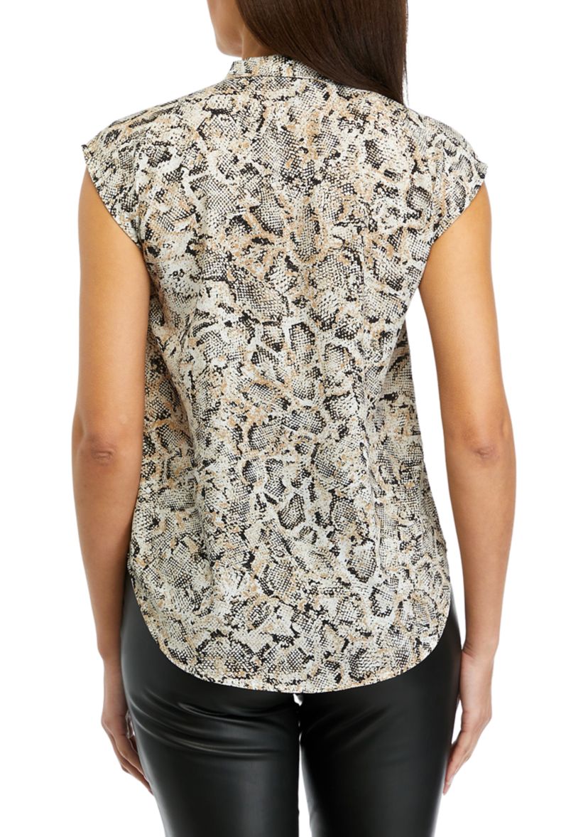 Womens Snake Printed Short Cap Sleeve Bow Blouse