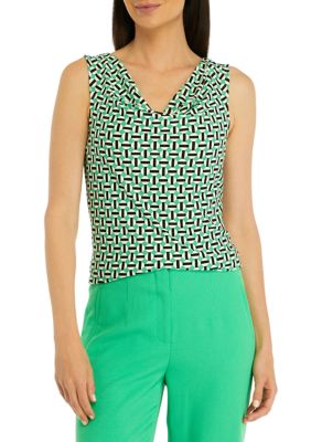 THE LIMITED Women's Petite Geometric Print Drape Neck Sleeveless Knit Tank Top, Green, PXS