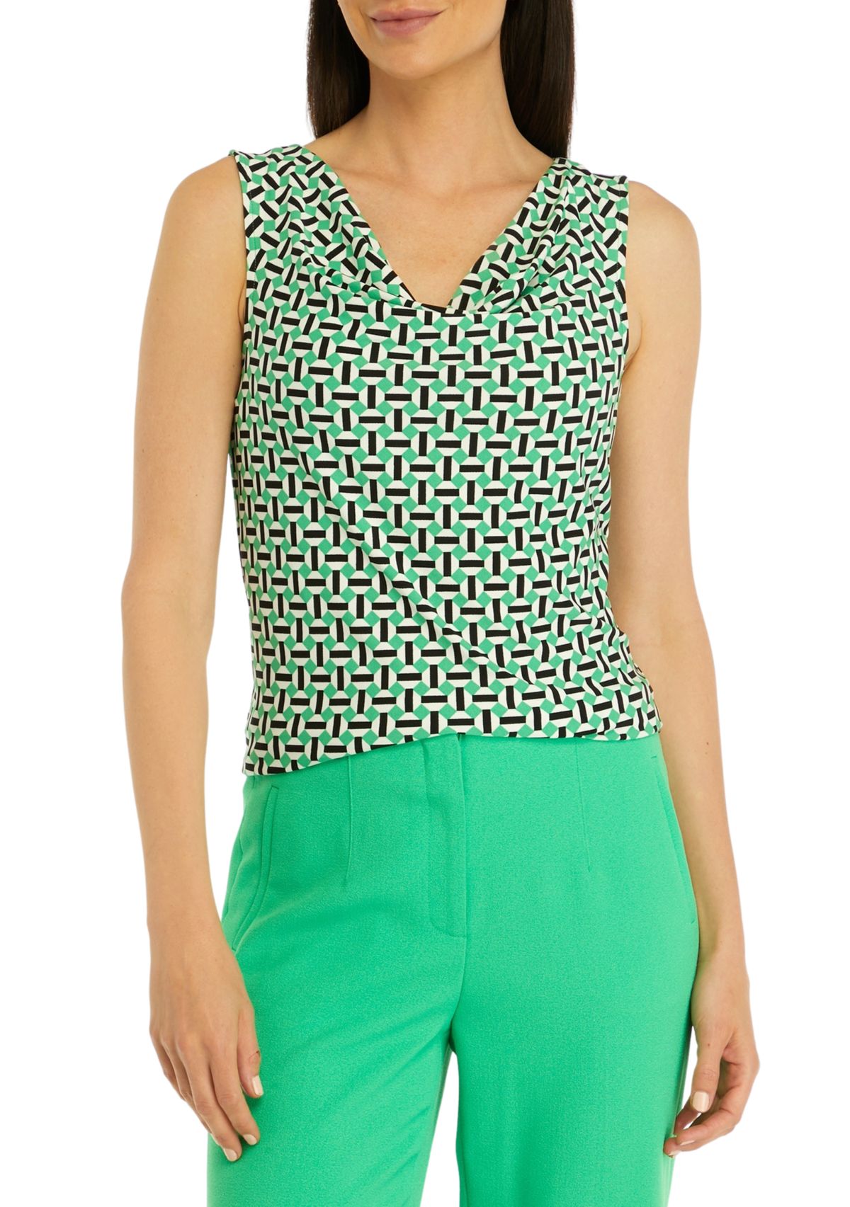Petite Geometric Print Drape Neck Sleeveless Knit Tank Top