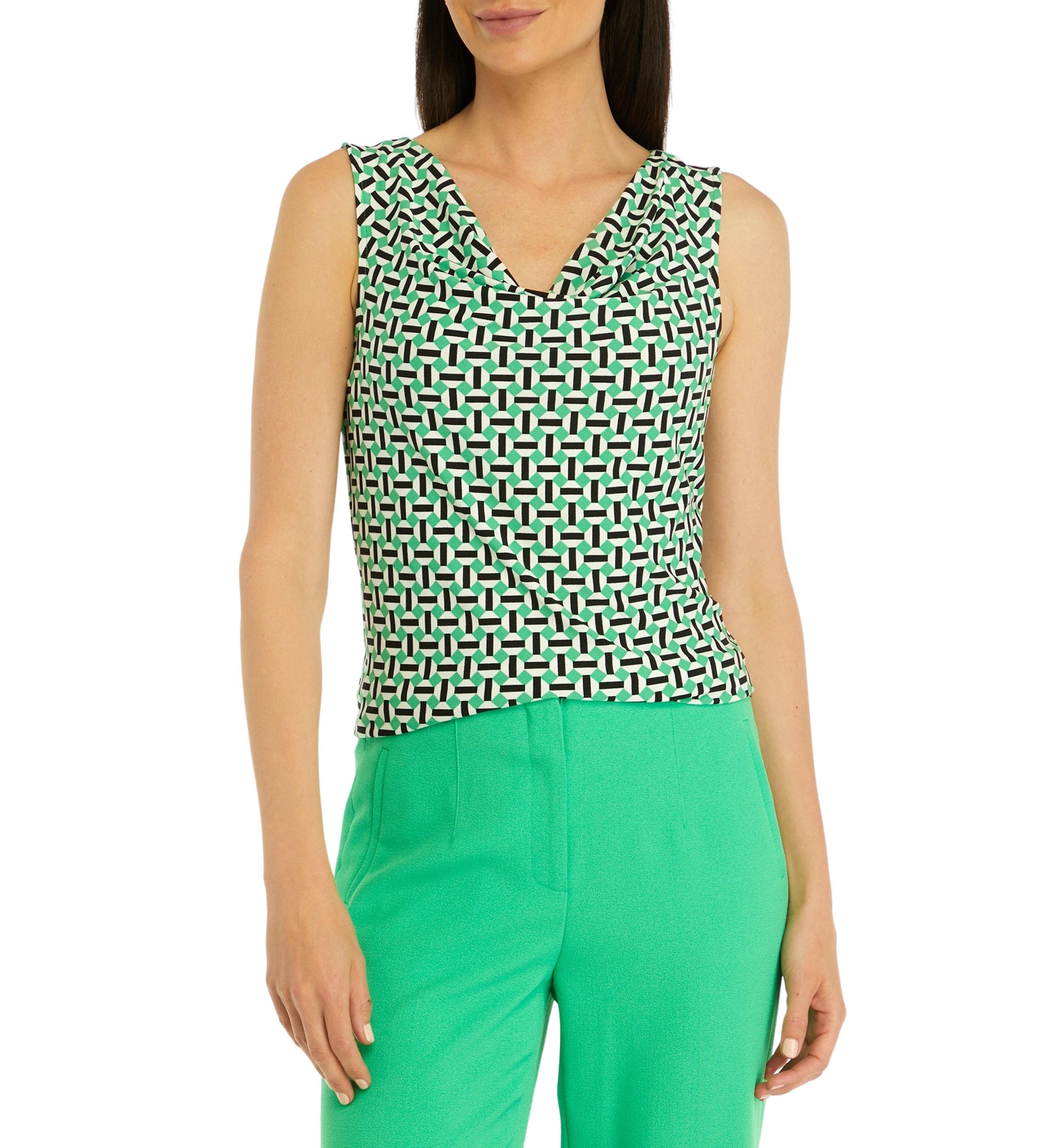Petite Geometric Print Drape Neck Sleeveless Knit Tank Top