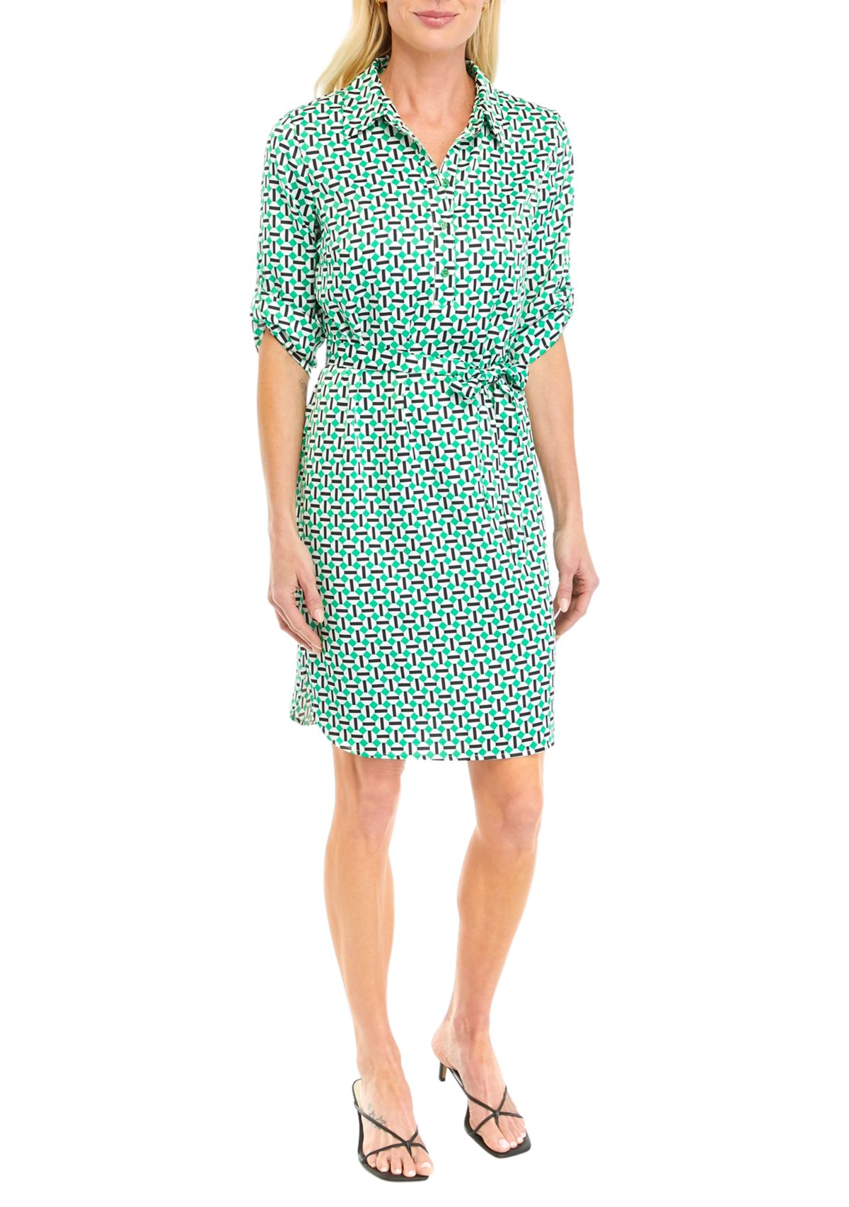 Womens Geometric Print Satin Roll Tab Shirtdress