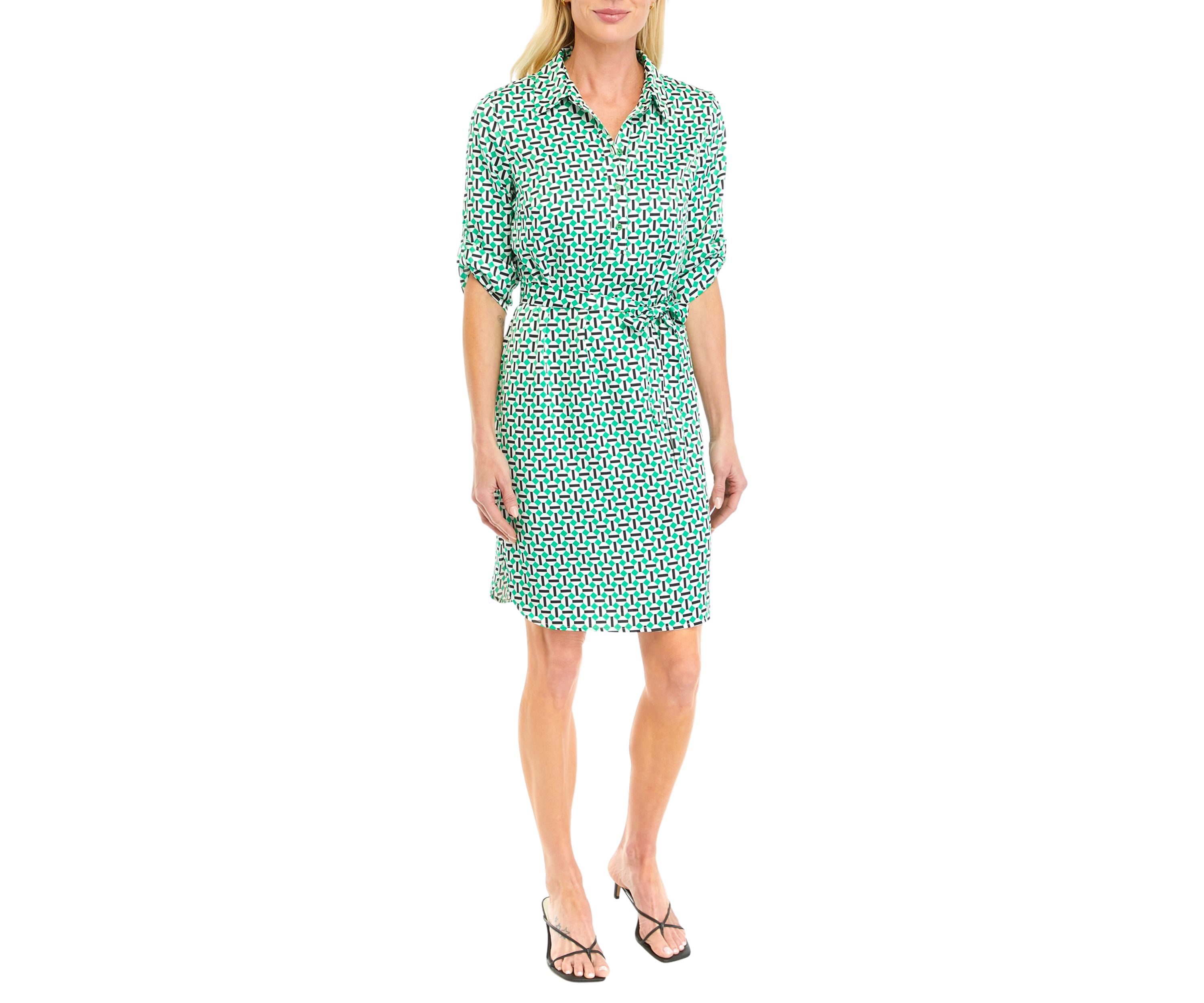 Womens Geometric Print Satin Roll Tab Shirtdress