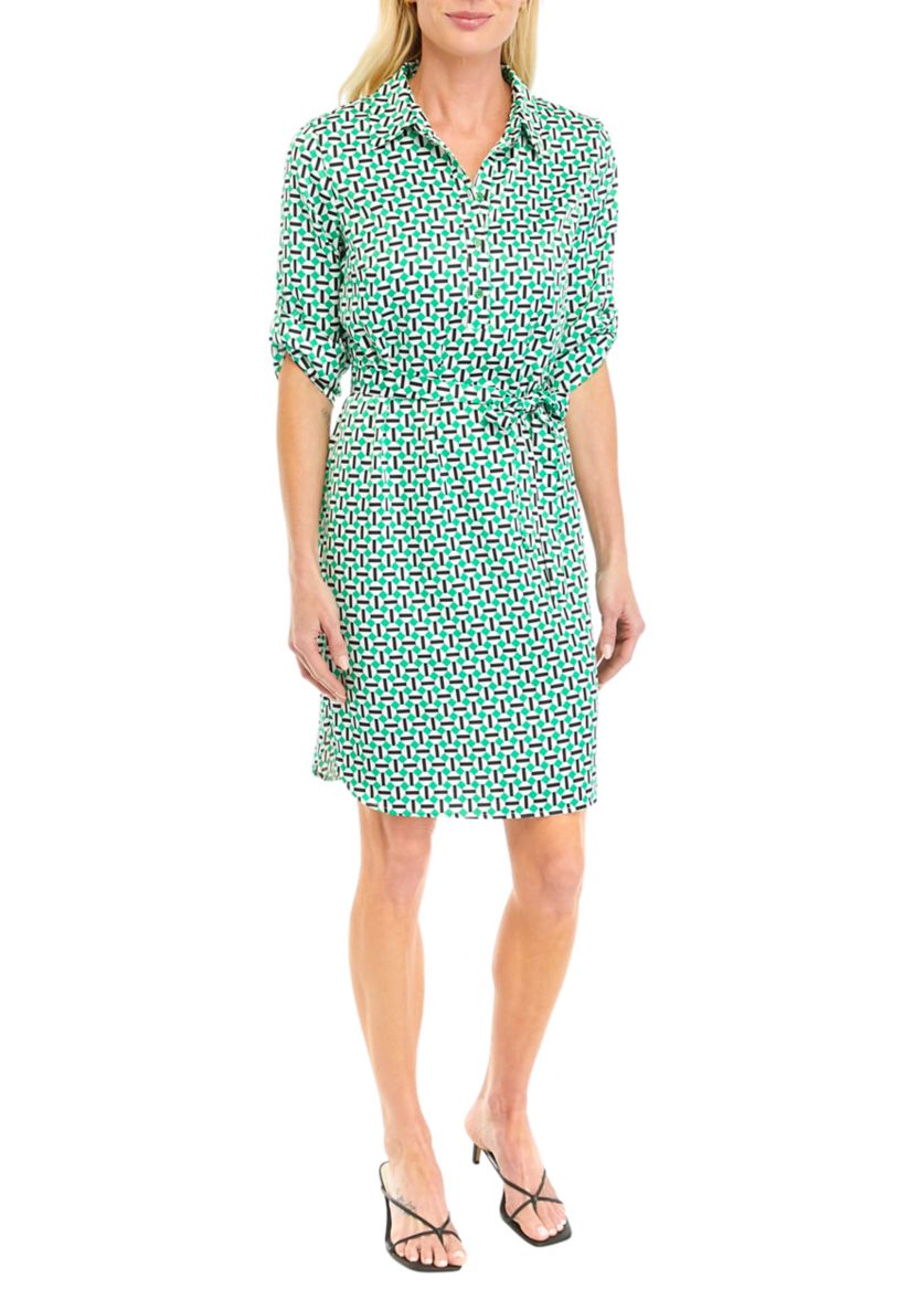 Womens Geometric Print Satin Roll Tab Shirtdress