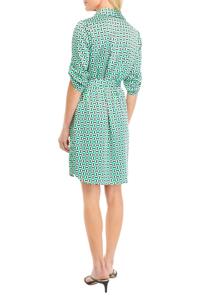 Womens Geometric Print Satin Roll Tab Shirtdress