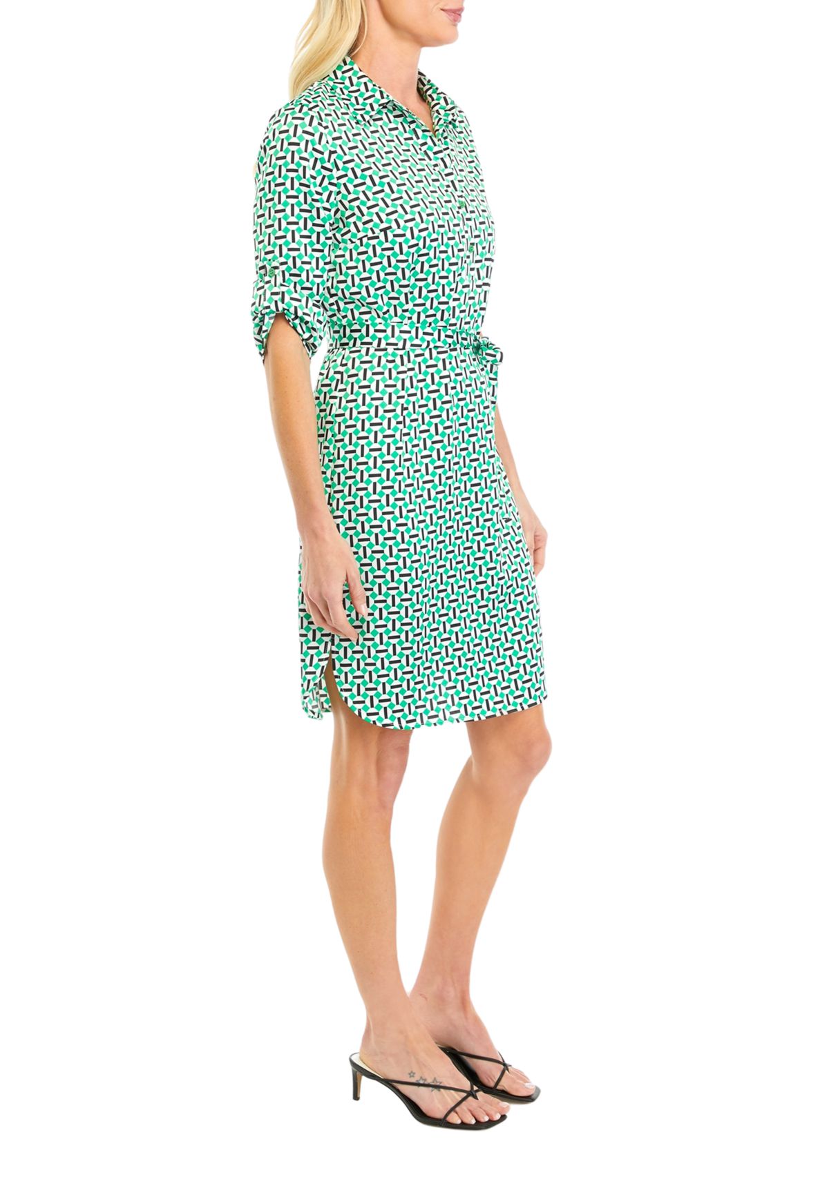 Womens Geometric Print Satin Roll Tab Shirtdress