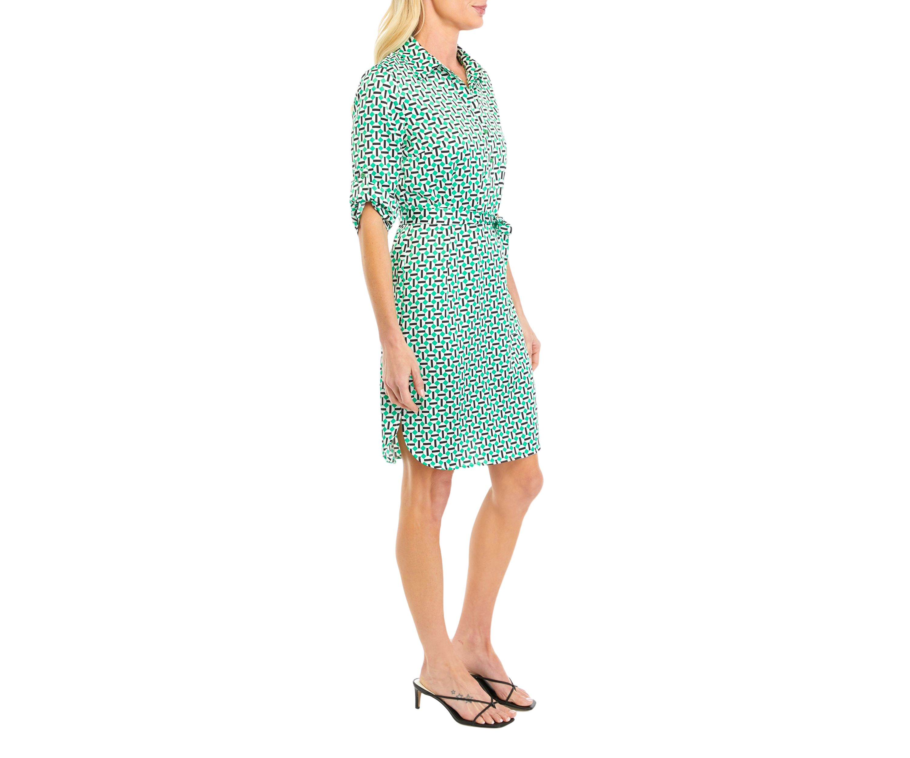 Womens Geometric Print Satin Roll Tab Shirtdress