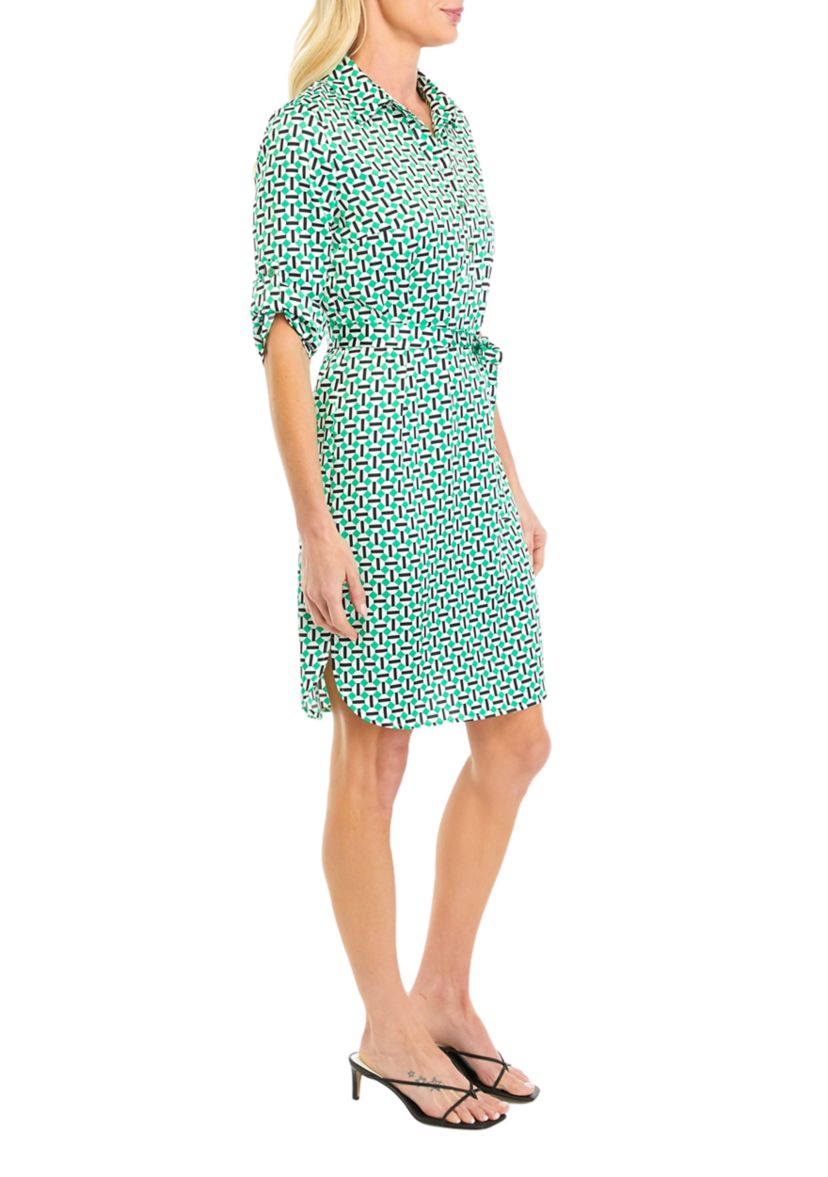 Womens Geometric Print Satin Roll Tab Shirtdress
