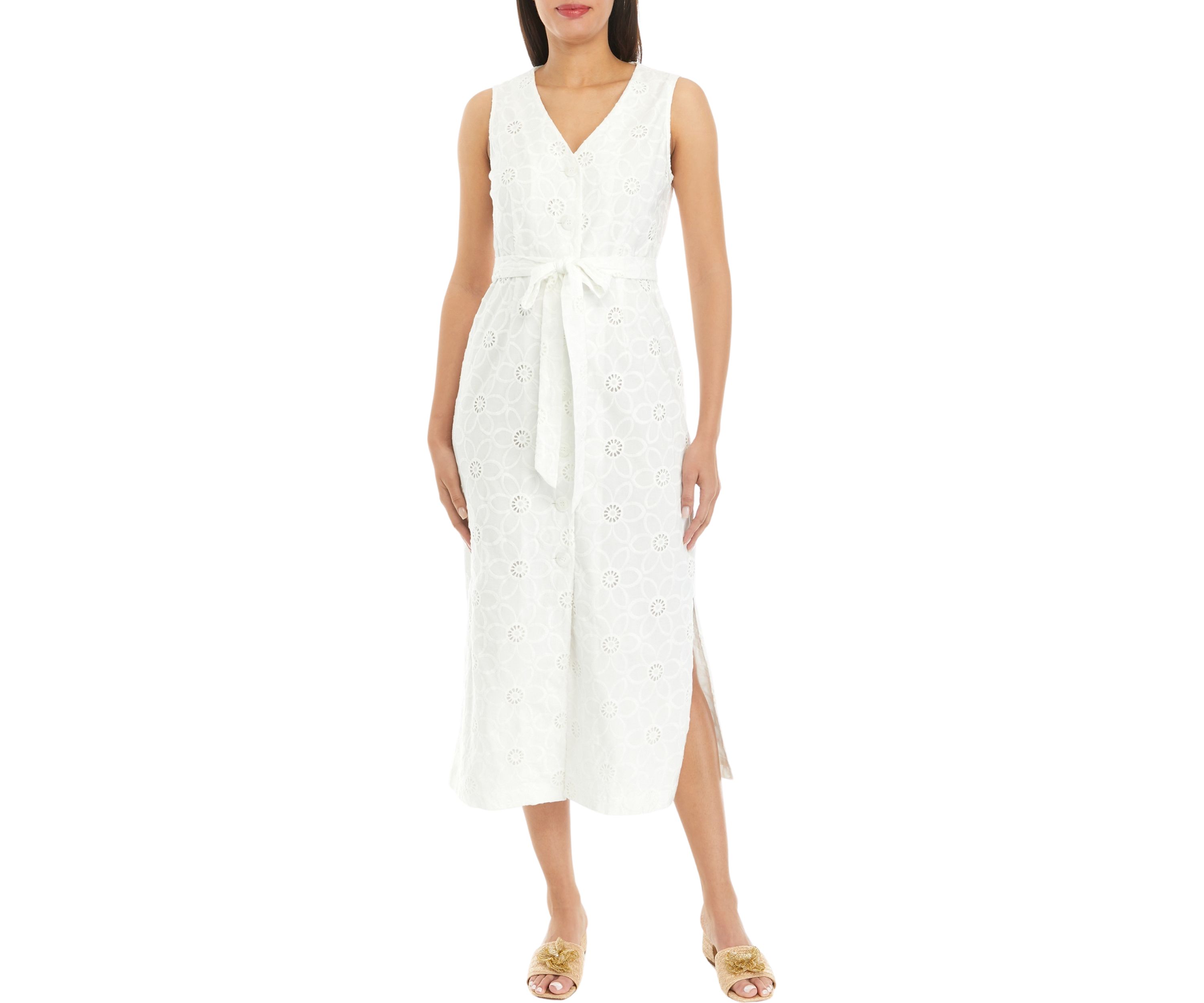 Womens Floral Eyelet Belted Sleeveless Shirt Dress