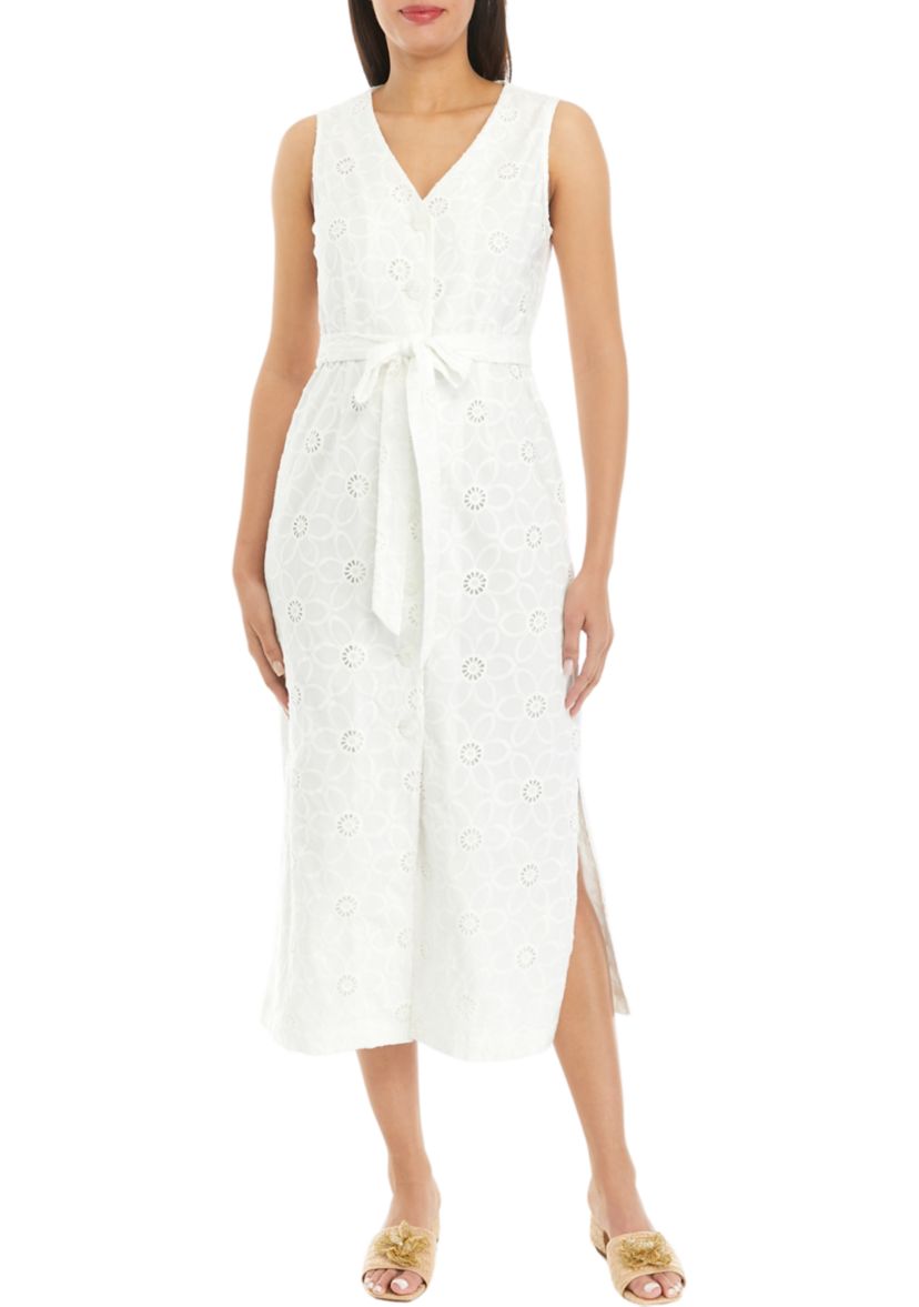 Womens Floral Eyelet Belted Sleeveless Shirt Dress