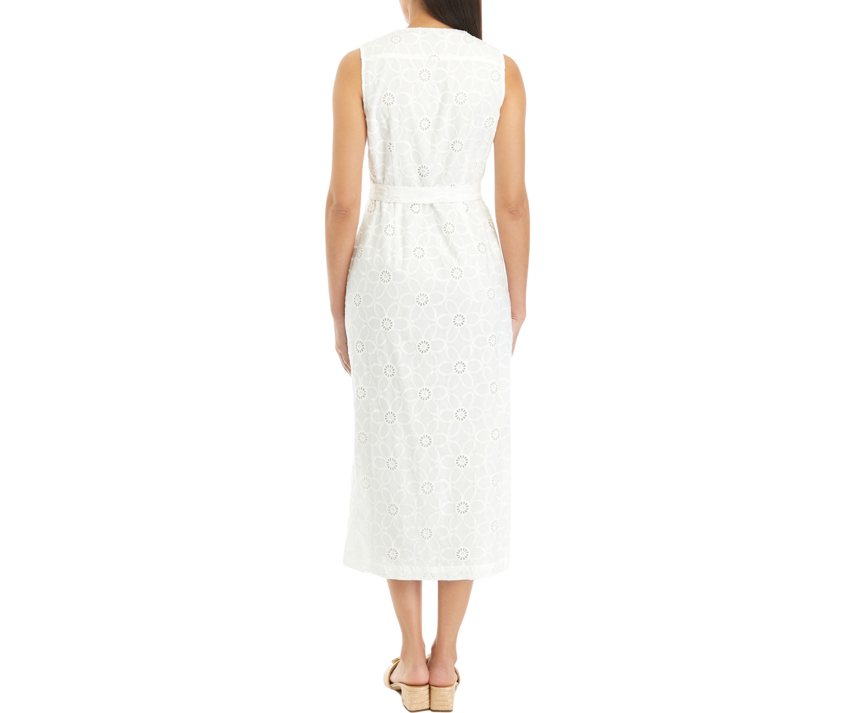 Womens Floral Eyelet Belted Sleeveless Shirt Dress