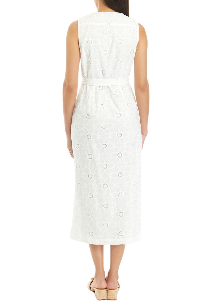 Womens Floral Eyelet Belted Sleeveless Shirt Dress