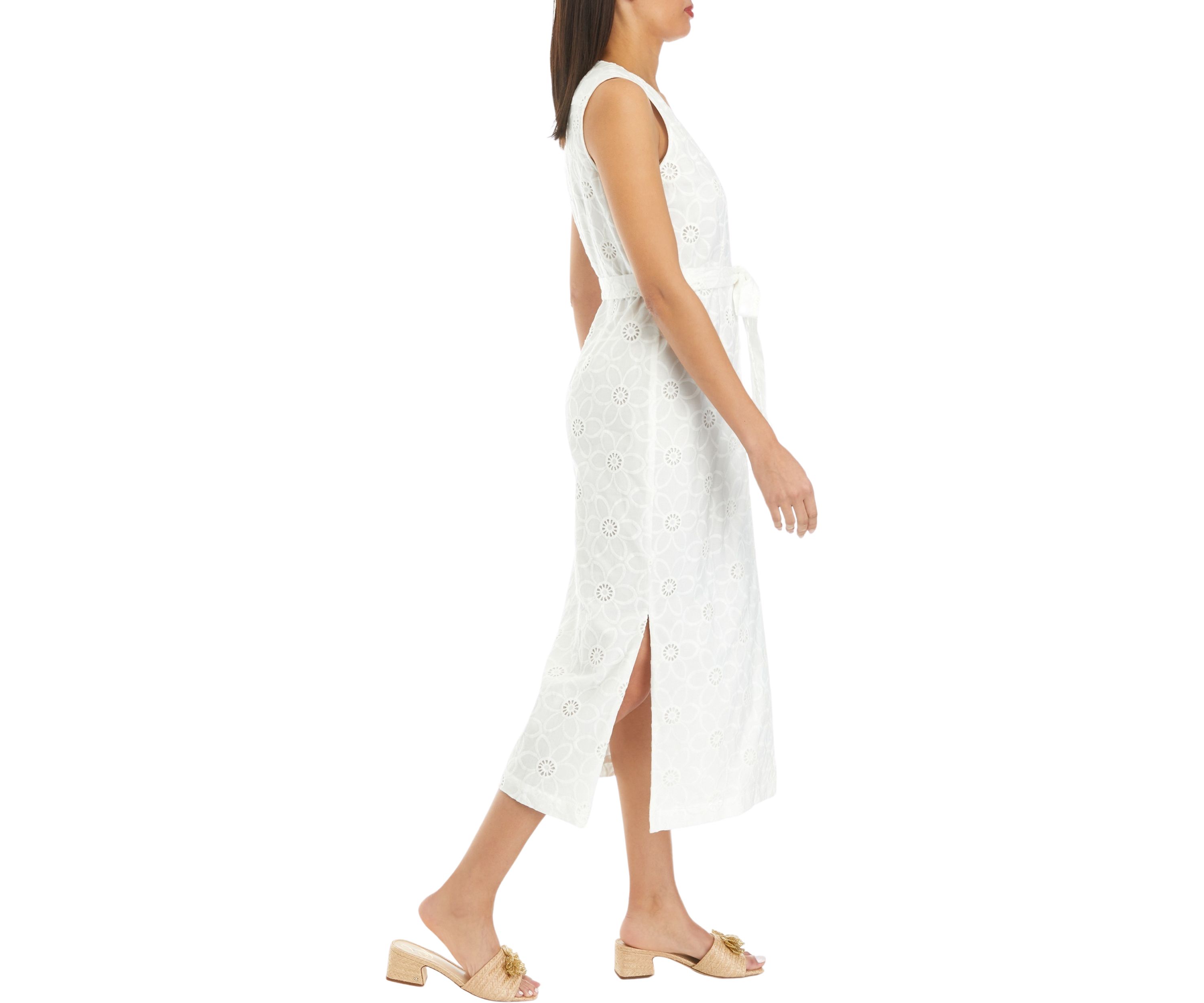 Womens Floral Eyelet Belted Sleeveless Shirt Dress