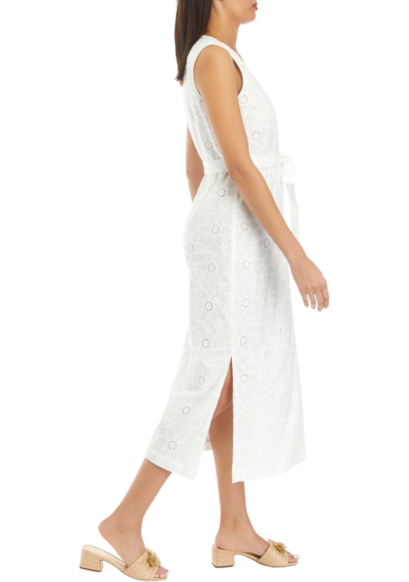 Womens Floral Eyelet Belted Sleeveless Shirt Dress
