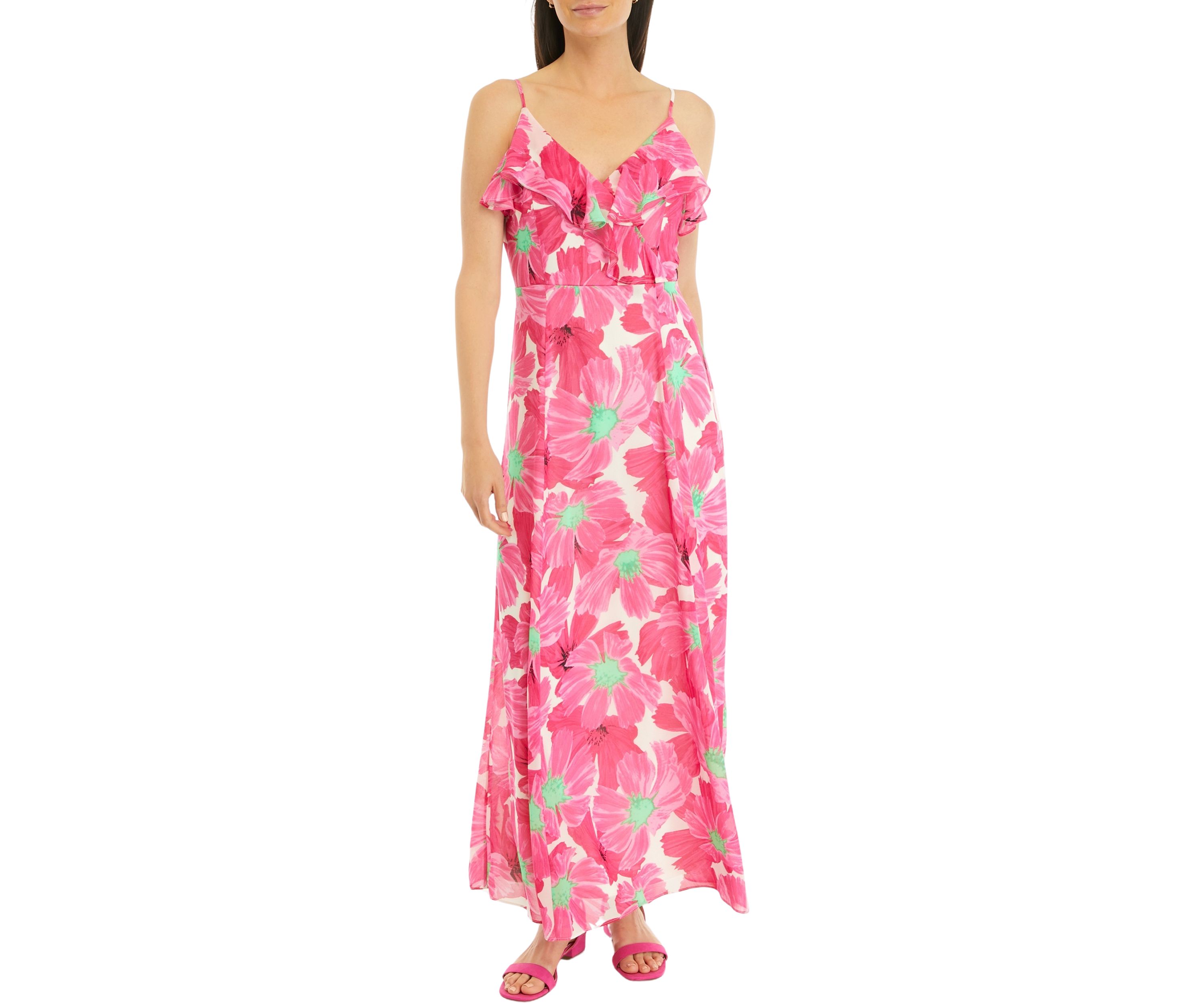 Womens Floral Print Ruffle Neck Maxi Dress