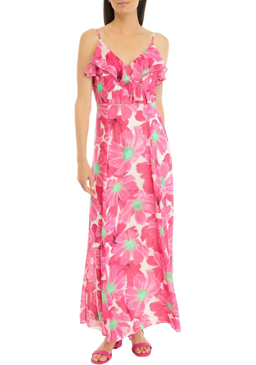 Womens Floral Print Ruffle Neck Maxi Dress