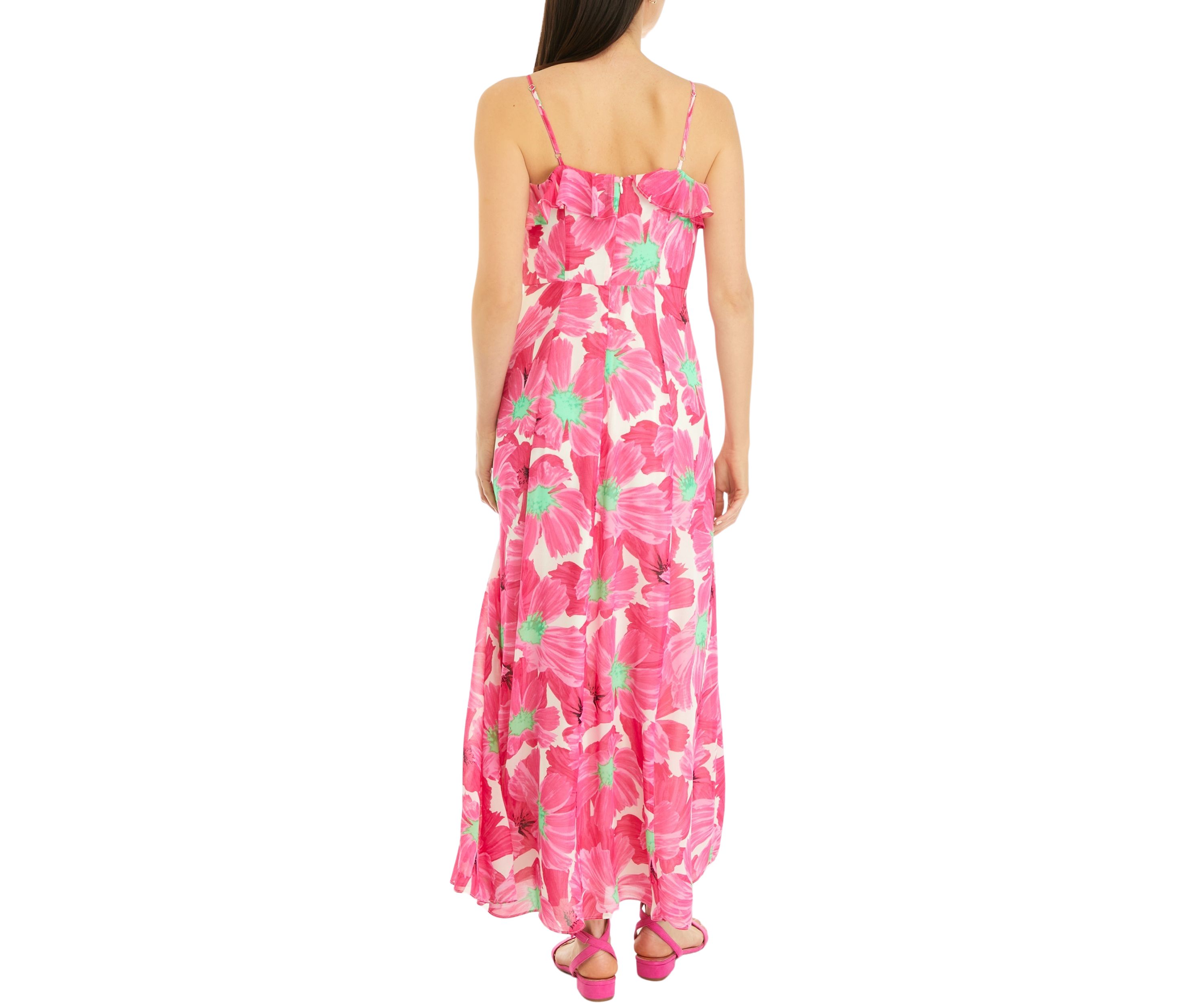 Womens Floral Print Ruffle Neck Maxi Dress