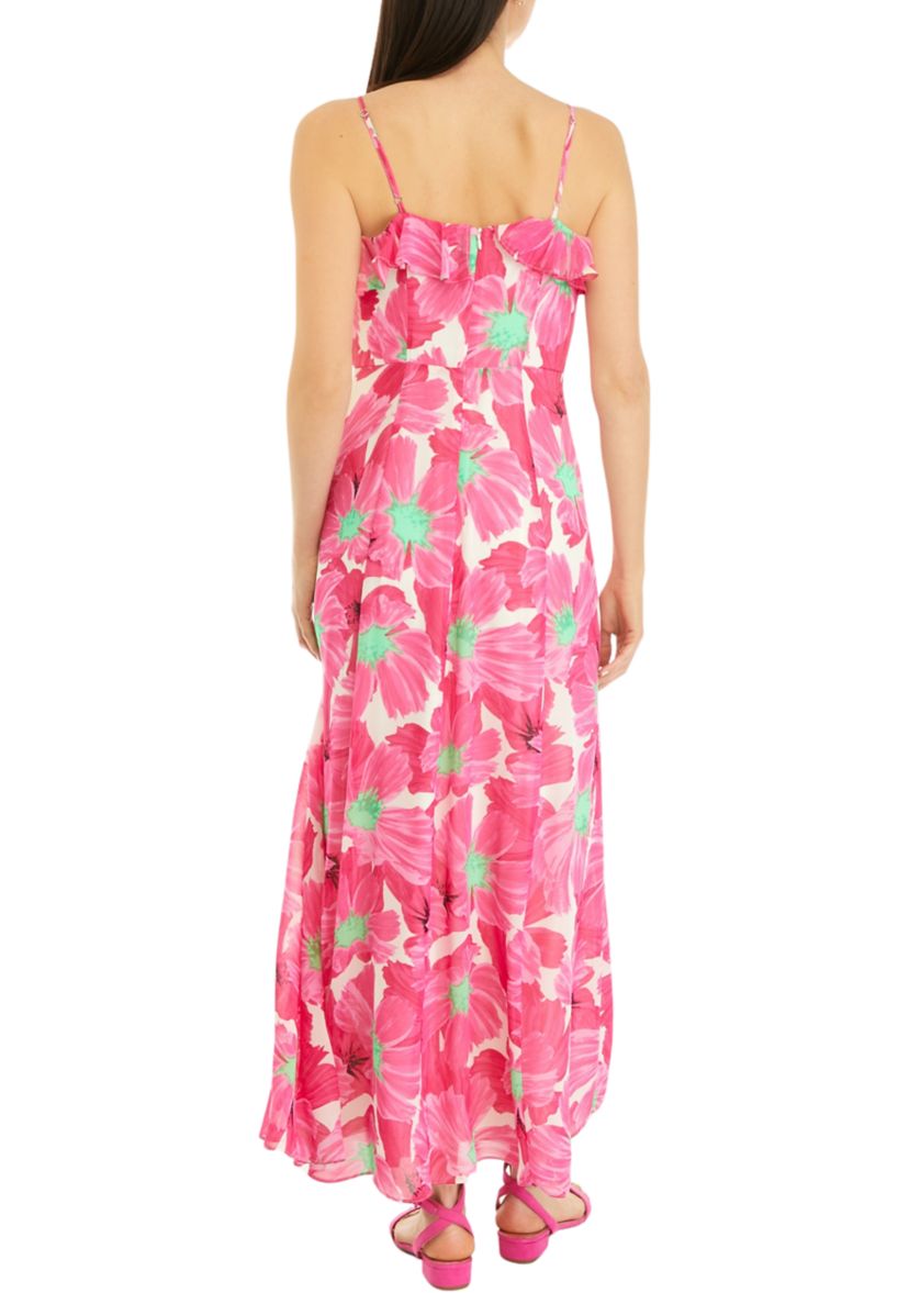 Womens Floral Print Ruffle Neck Maxi Dress