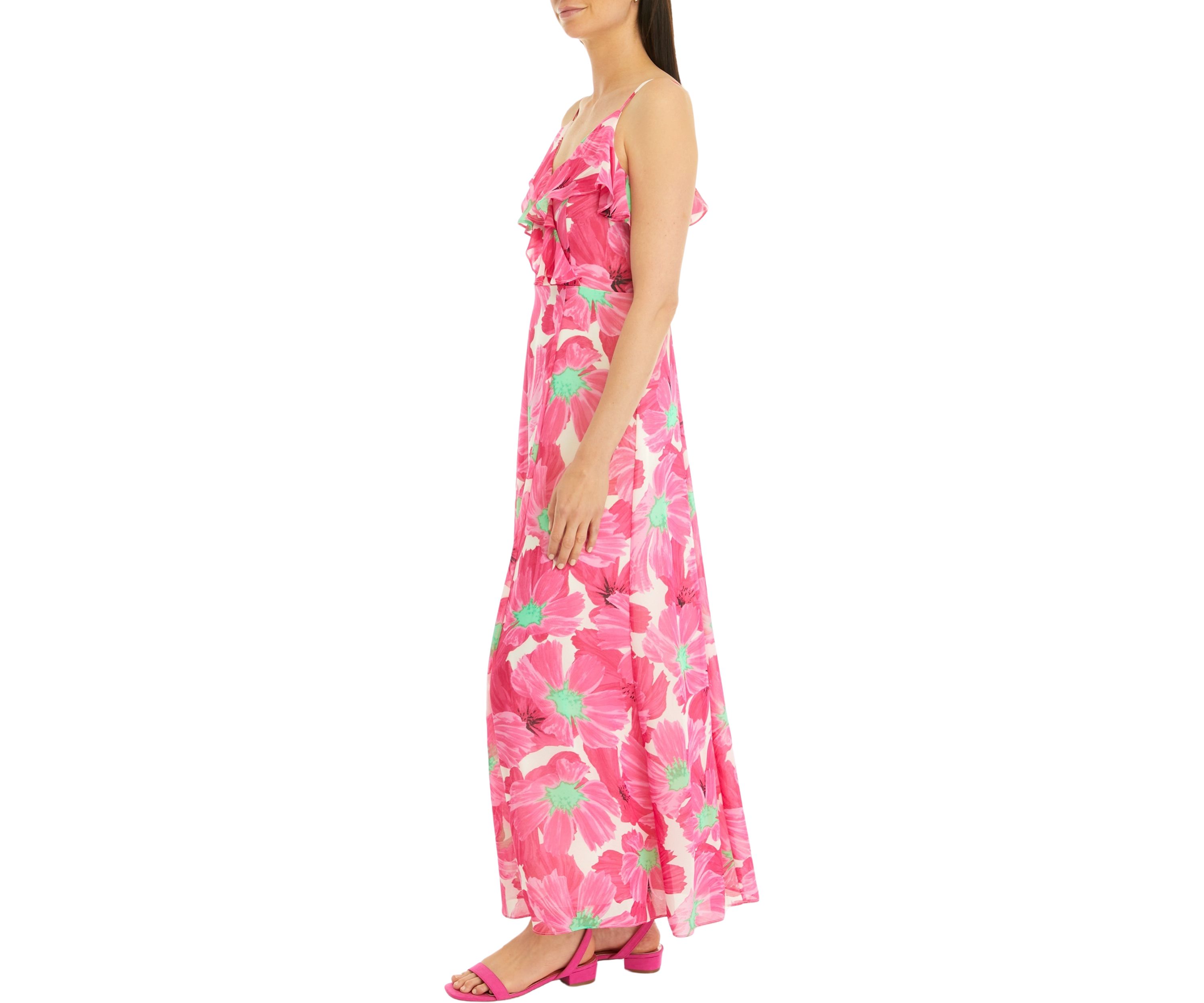 Womens Floral Print Ruffle Neck Maxi Dress