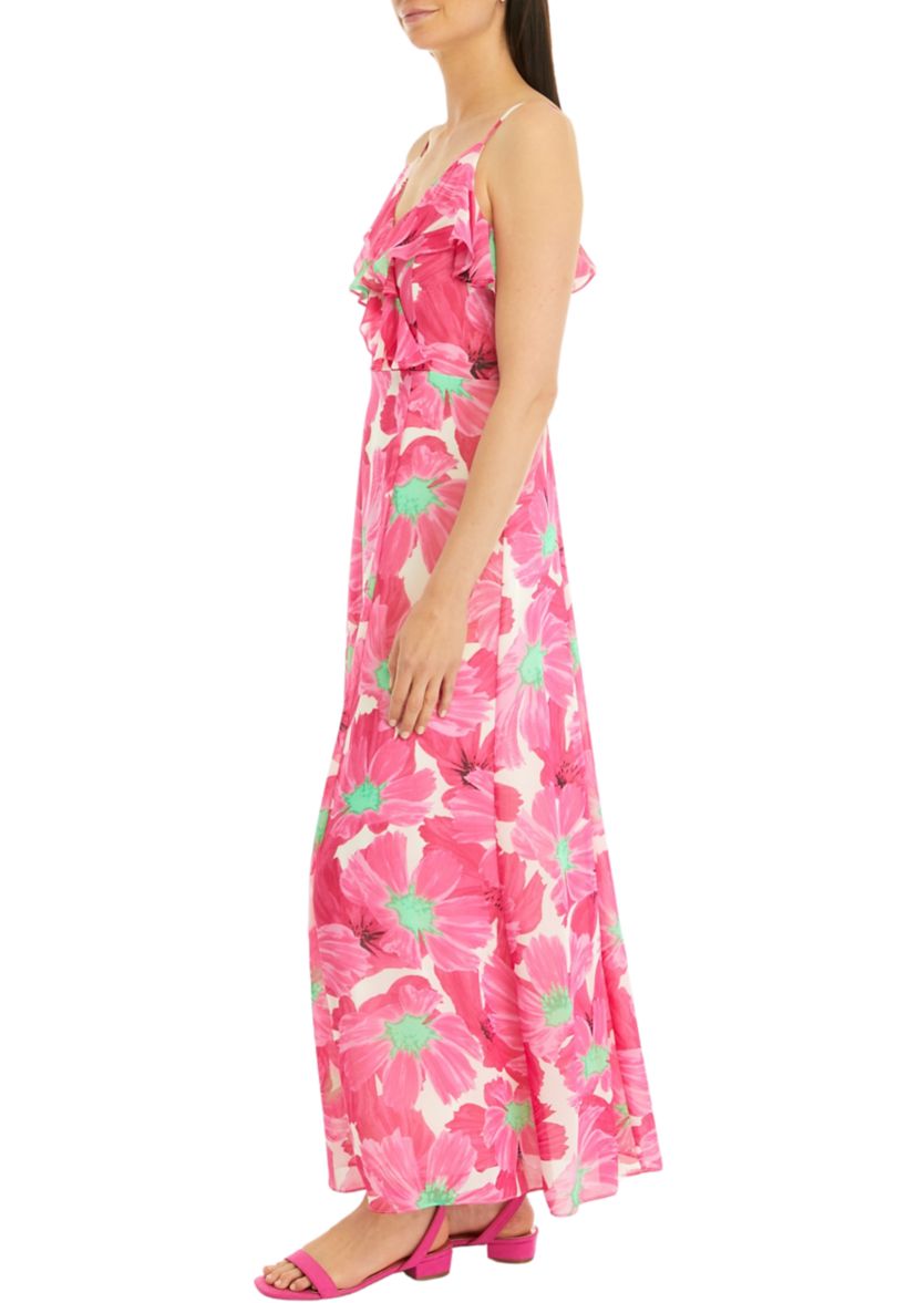 Womens Floral Print Ruffle Neck Maxi Dress