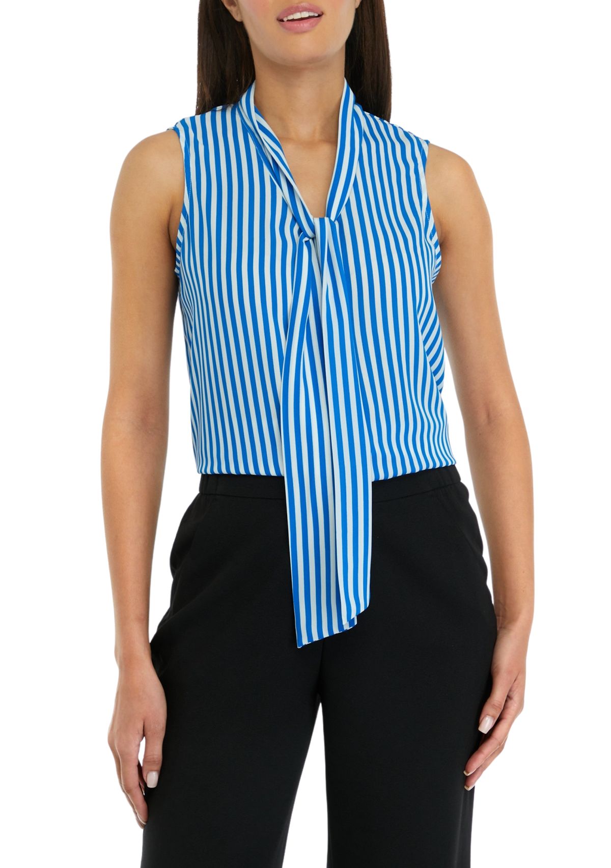 Womens Stripe Sleeveless Tie Neck Blouse