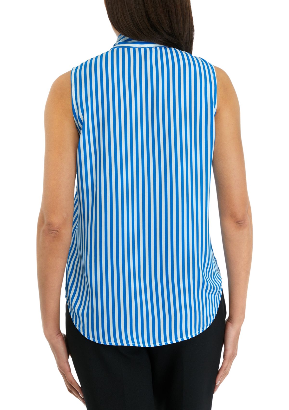 Womens Stripe Sleeveless Tie Neck Blouse