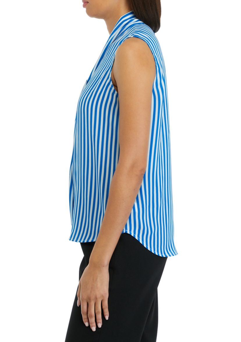 Womens Stripe Sleeveless Tie Neck Blouse