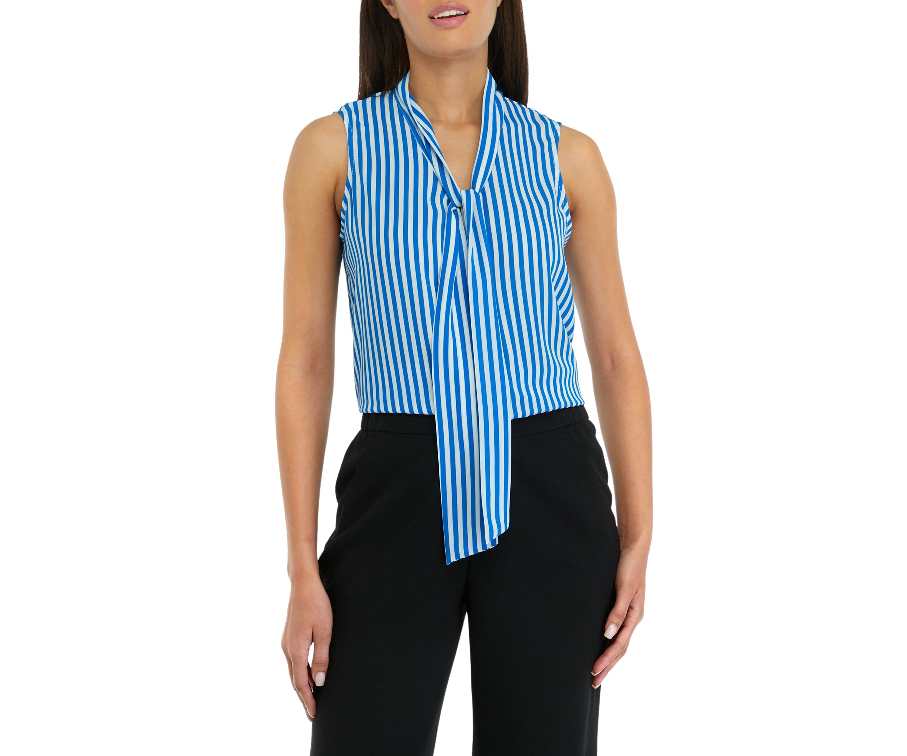 Womens Striped Tie Neck Blouse